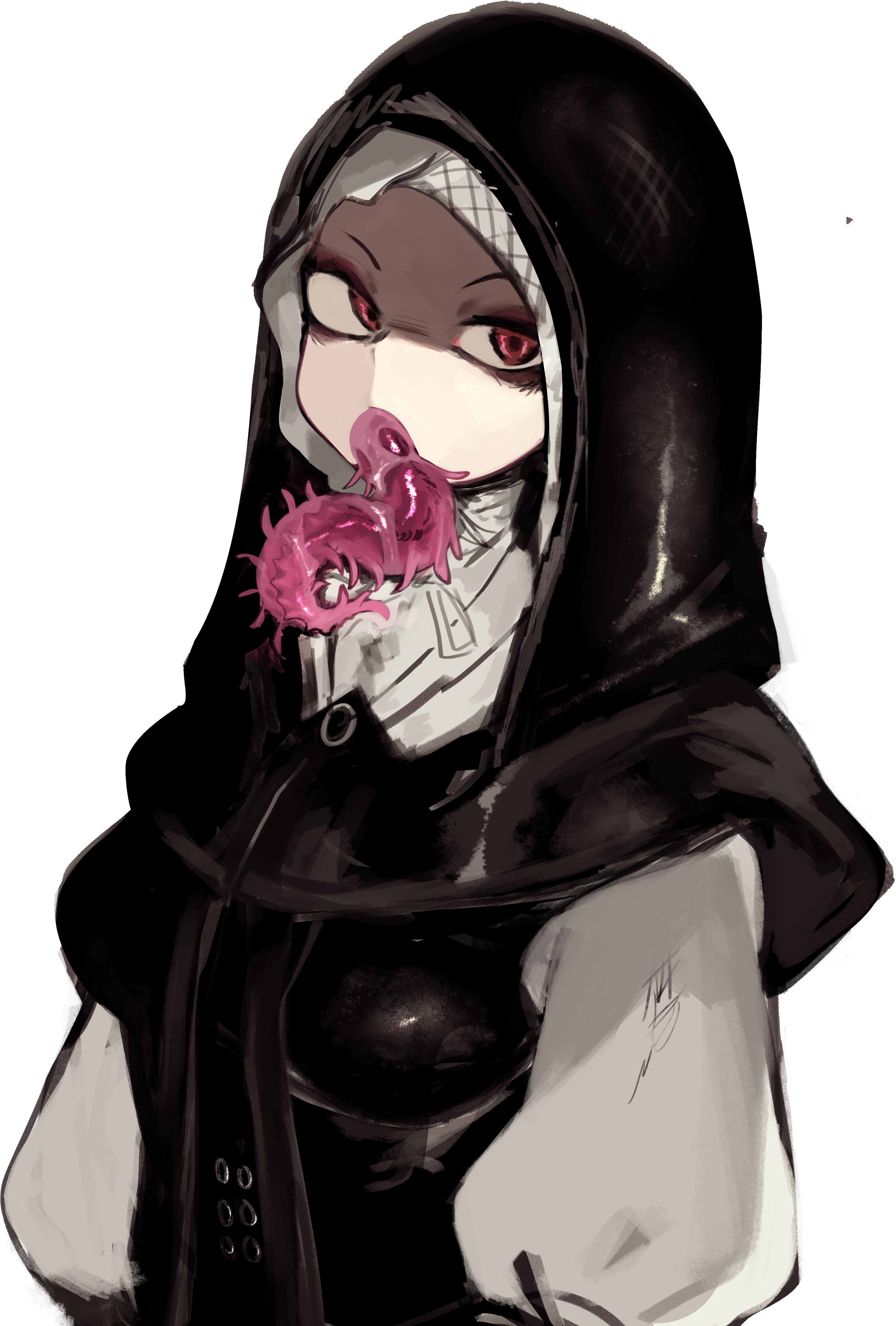 sora sakura, undertaker (elden ring), elden ring, elden ring nightreign, absurdres, commentary request, highres, 1girl, black bodice, black capelet, black hood, capelet, hood, hood up, mouth tentacles, partially shaded face, red eyes, solo, tentacle girl, tentacle tongue, tentacles, tongue, tongue out, upper body, white background, white coif