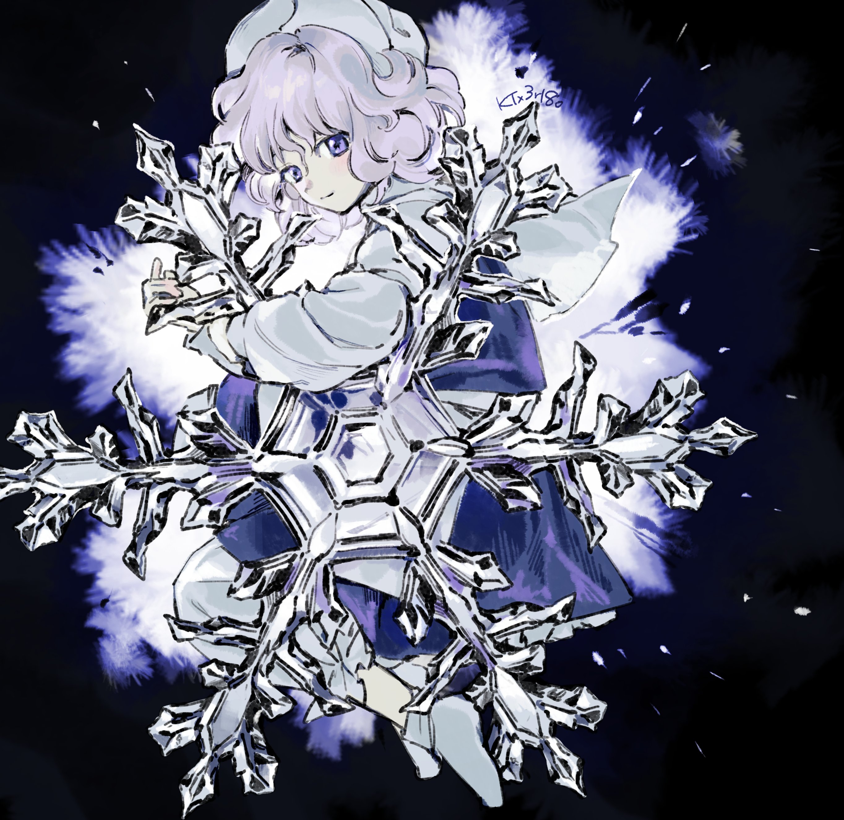 kaigen 1025, letty whiterock, touhou, absurdres, commentary request, highres, 1girl, black background, blue vest, from side, full body, looking at viewer, medium hair, purple eyes, purple hair, shirt, skirt, snowflakes, solo, triangular headpiece, vest, white shirt