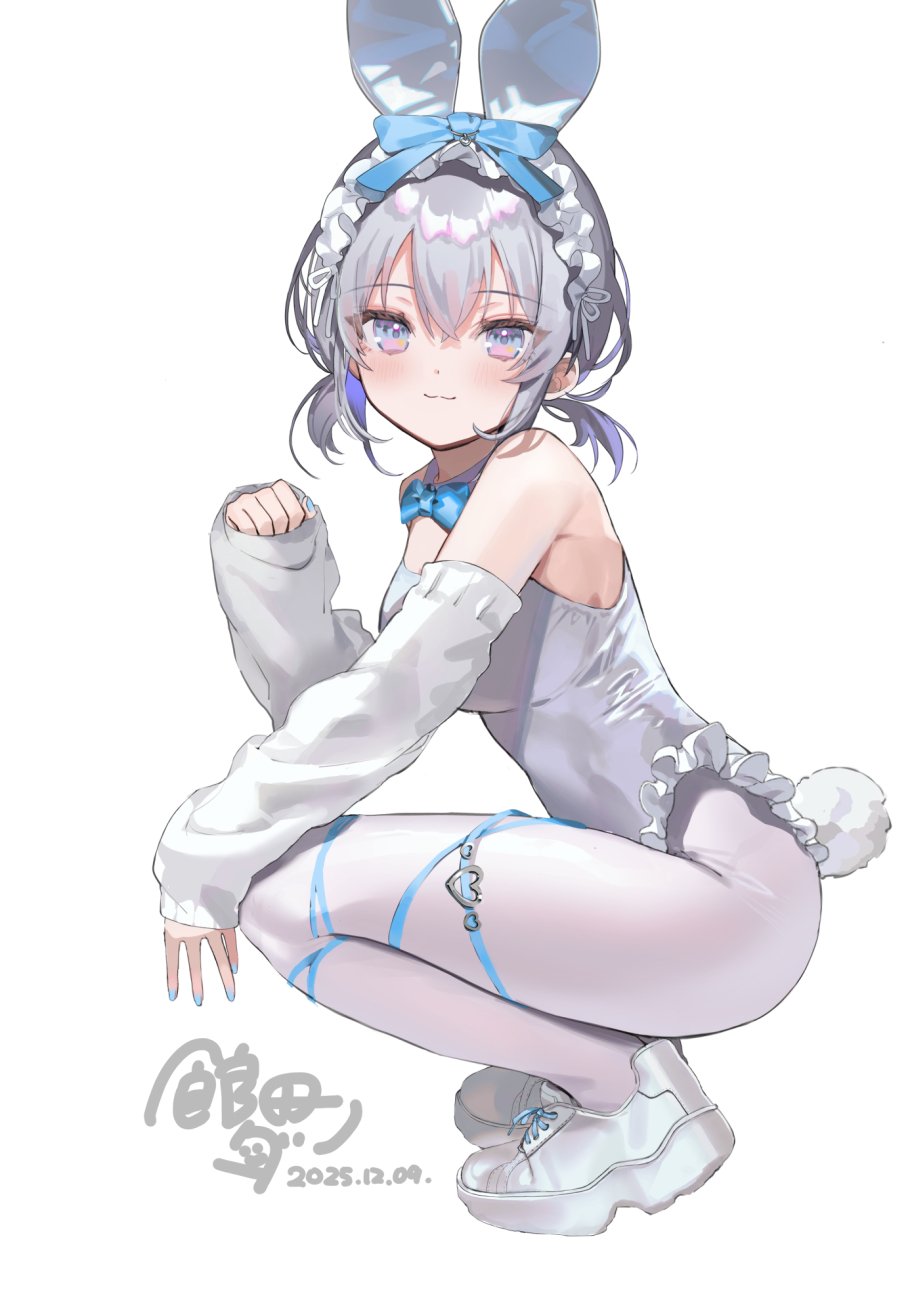 kanda done, original, commentary, highres, 1girl, animal ears, artist name, blue bow, blue bowtie, blue nails, blue ribbon, blush, bow, bowtie, closed mouth, dated, detached sleeves, fake animal ears, fake tail, frilled hairband, frills, from side, grey hair, grey leotard, hair ribbon, hairband, leotard, looking at viewer, looking to the side, nail polish, panties, playboy bunny, rabbit ears, rabbit tail, ribbon, shoes, short hair, signature, simple background, sneakers, solo, squatting, tail, underwear, white background, white hairband, white panties, white shoes