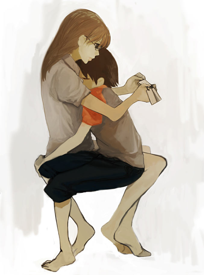 selmy32c, mizuhara koyomi, takino tomo, azumanga daiou, bad id, bad pixiv id, 2girls, barefoot, brown hair, feet, glasses, hug, long hair, multiple girls, raglan sleeves, short hair, yuri