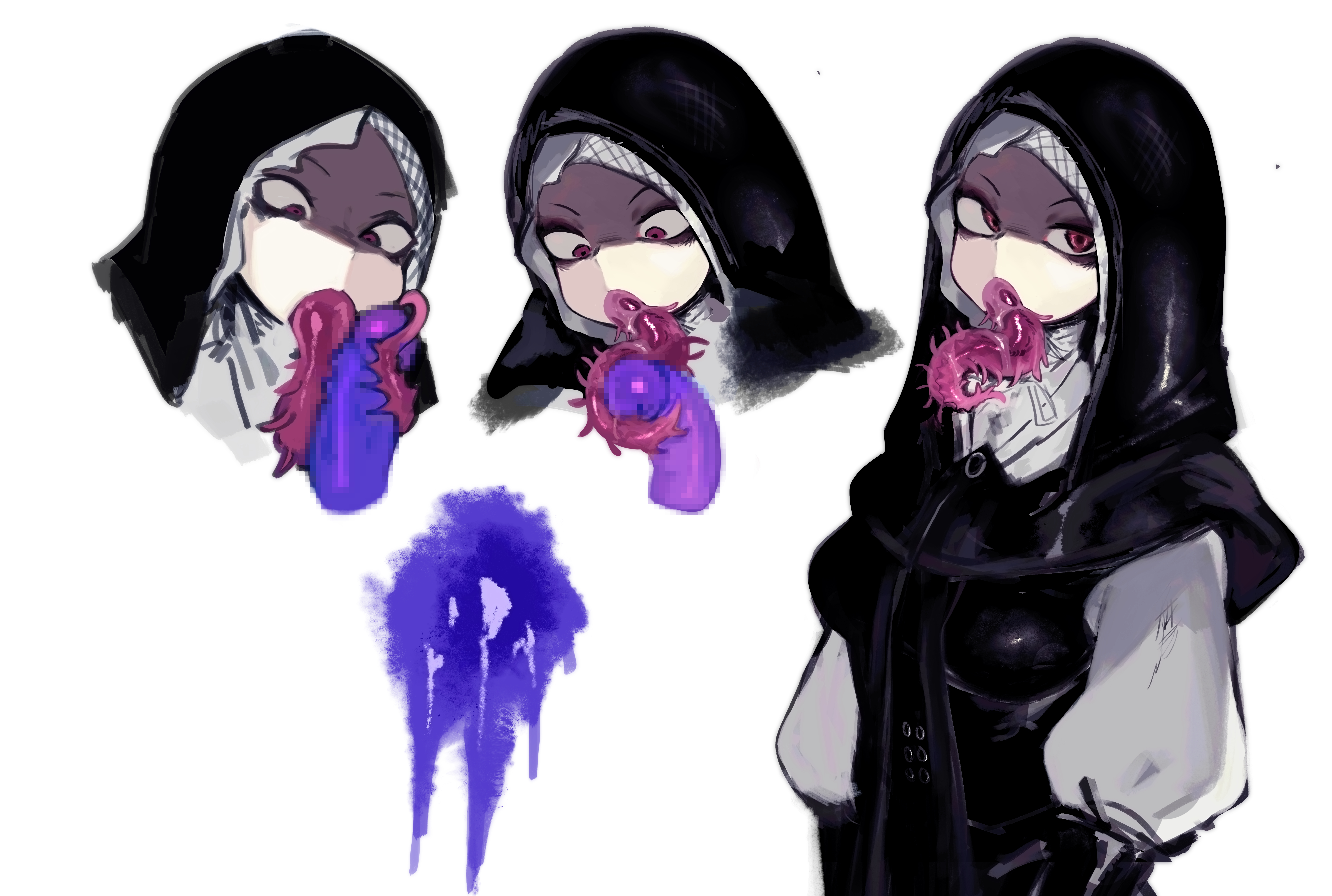 sora sakura, undertaker (elden ring), elden ring, elden ring nightreign, absurdres, commentary request, highres, 1girl, black bodice, black capelet, black hood, capelet, censored, fellatio, mosaic censoring, mouth tentacles, multiple views, oral, partially shaded face, portrait, red eyes, solo, tentacle girl, tentacle tongue, tentaclejob, tentacles, tongue, tongue out, upper body, white coif