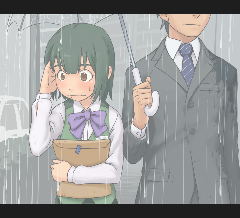 ebinera, otonashi kotori, producer (idolmaster), producer (idolmaster anime), idolmaster, idolmaster (classic), 00s, 1boy, 1girl, bow, embarrassed, formal clothes, green hair, head out of frame, holding, holding umbrella, letterboxed, mole, mole under mouth, neck ribbon, rain, ribbon, suit, sweat, umbrella, wet
