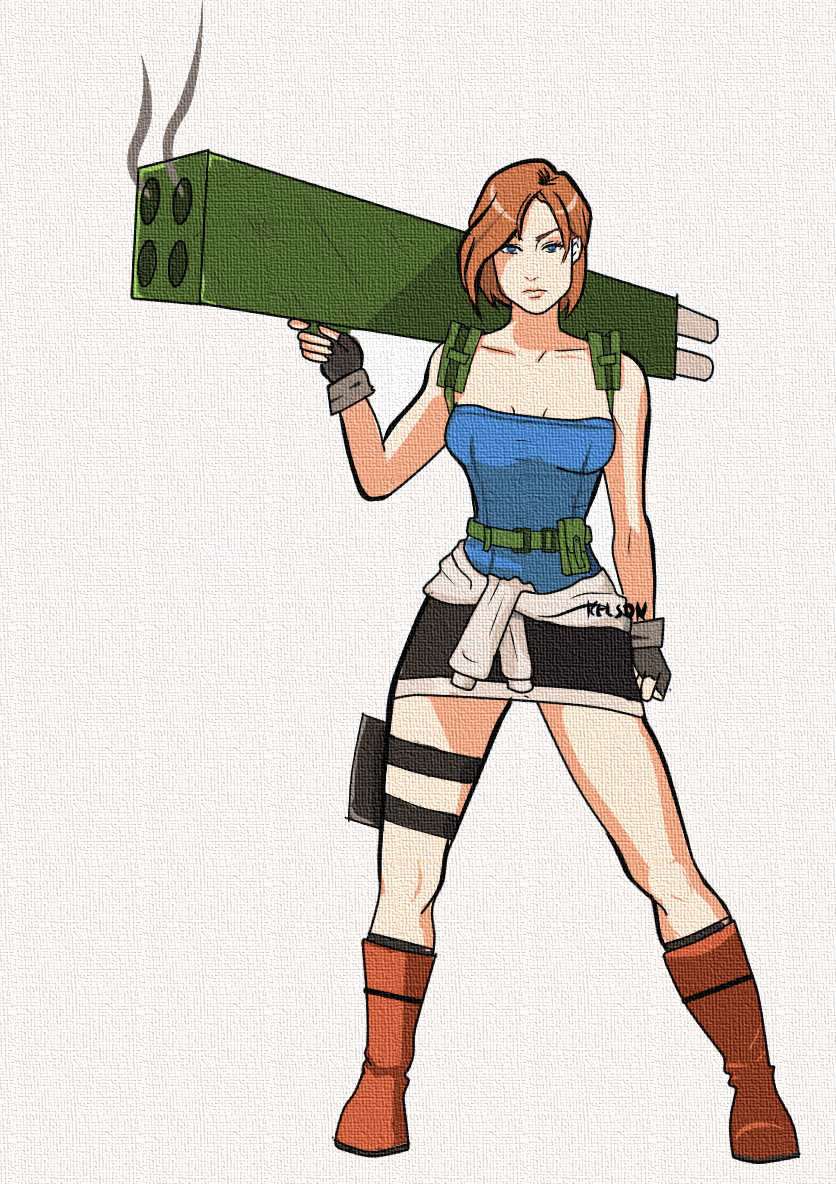 jill valentine, resident evil, resident evil 3: nemesis, 1girl, black gloves, black skirt, blue eyes, blue tube top, boots, brown boots, brown hair, clothes around waist, fingerless gloves, gloves, grey background, holding, holding rocket launcher, holding weapon, kelsonk, miniskirt, rocket launcher, signature, simple background, skirt, strapless, sweater, sweater around waist, tube top, weapon