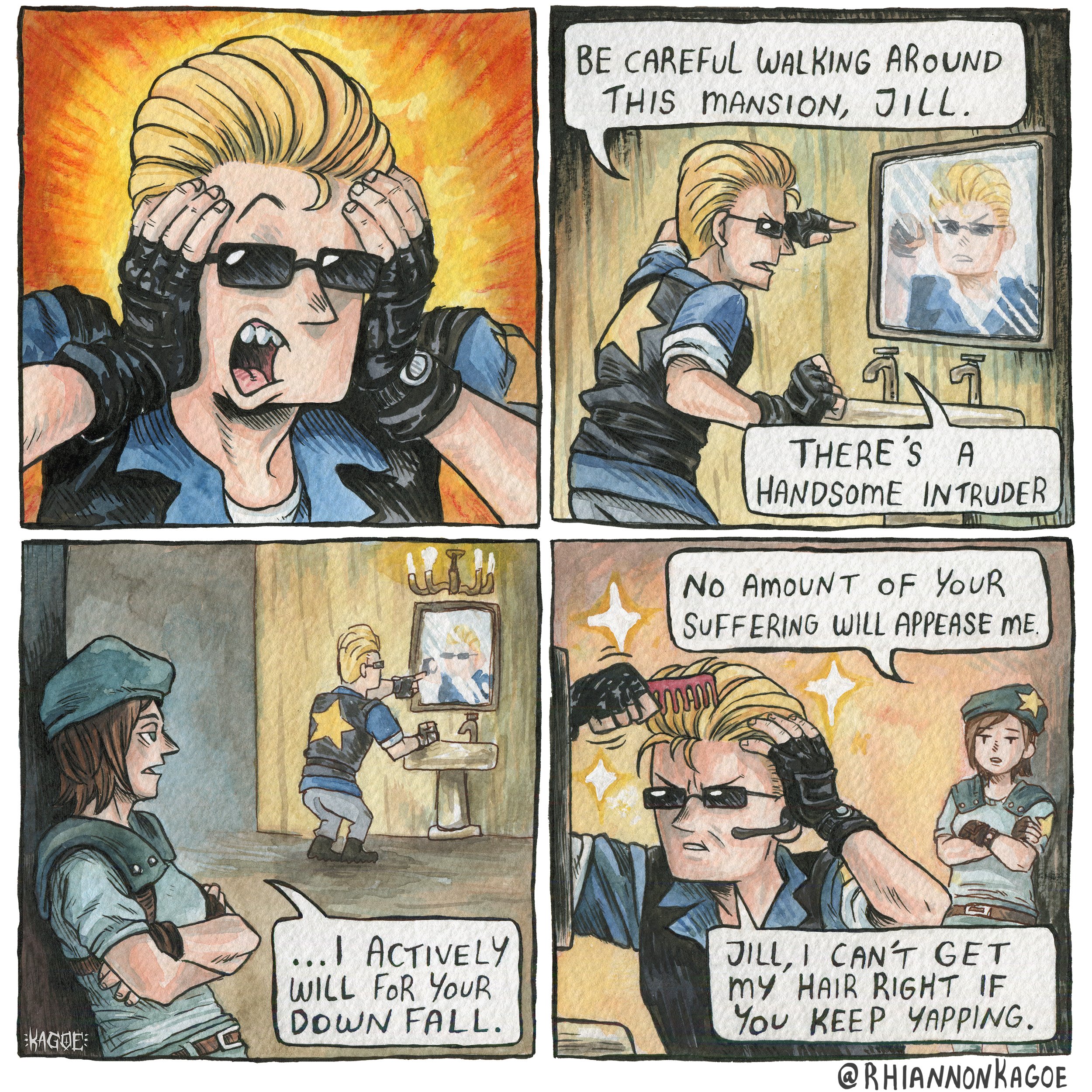 albert wesker, jill valentine, resident evil, resident evil 1, absurdres, commentary, english commentary, highres, 1boy, 1girl, artist name, beret, black gloves, blonde hair, blue hat, blue shirt, brown hair, brushing hair, comb, crossed arms, fingerless gloves, gloves, hat, looking at mirror, mirror, rhiannon kagoe, shirt, sparkle, speech bubble, sunglasses