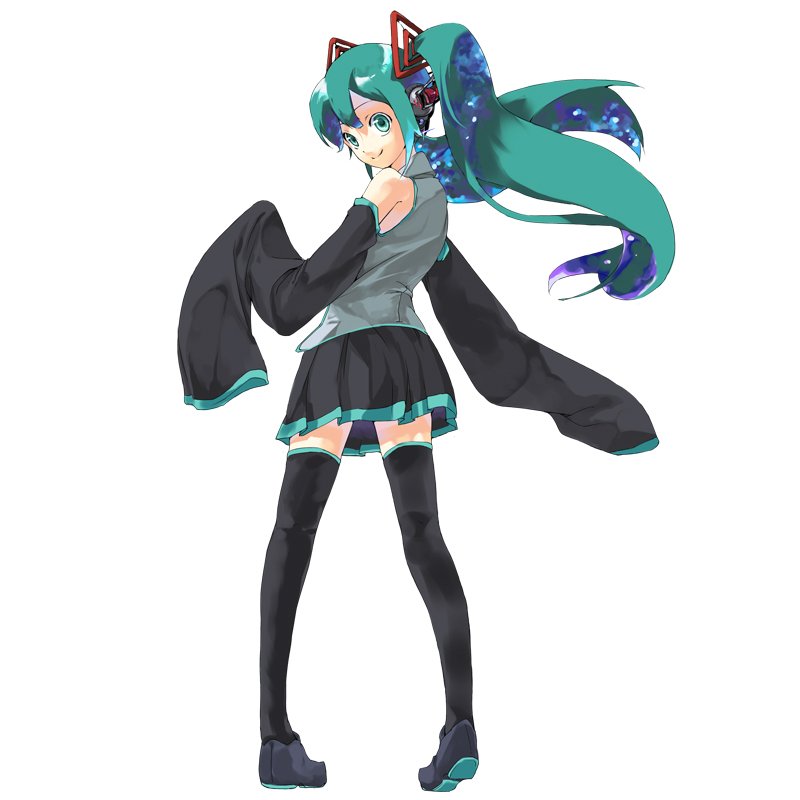 kotoba, kotoba (kotobato), hatsune miku, vocaloid, 1girl, back, detached sleeves, female focus, green eyes, green hair, headphones, legs, long hair, long sleeves, necktie, skirt, smile, solo, standing, thighhighs, twintails, zettai ryouiki