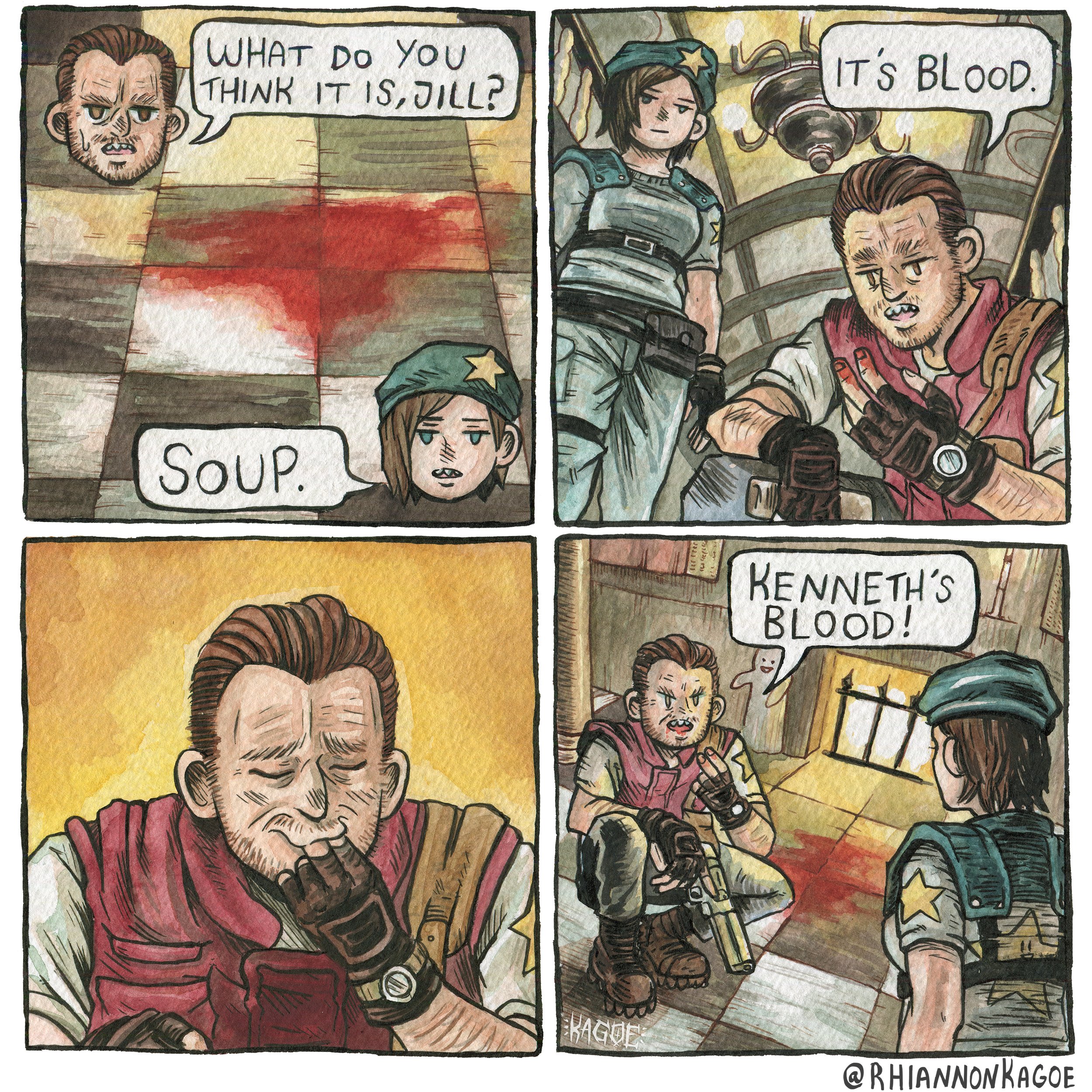 barry burton, jill valentine, resident evil, resident evil 1, absurdres, commentary, english commentary, highres, 1boy, 1girl, artist name, beard stubble, beret, black gloves, blood, blue hat, blue shirt, brown hair, facial hair, fingerless gloves, fireplace, gloves, gun, hat, holding, holding gun, holding weapon, rhiannon kagoe, shirt, speech bubble, squatting, stubble, weapon