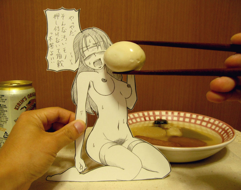sasaki yukinojou, bad id, bad pixiv id, papercraft (medium), photo (medium), translated, unconventional media, 1girl, alcohol, armpit hair, beer, blindfold, blush, breasts, can, chopsticks, egg, feeding, food, food on face, force-feeding, indoors, interactive media, kneeling, long hair, male hand, medium breasts, monochrome, navel, nipples, nude, oden, open mouth, paper child, pubic hair, restrained, sexually suggestive, size difference, solo focus, soup, sweat, thighhighs
