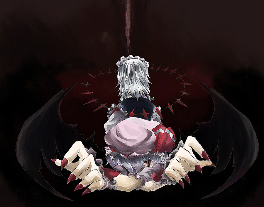 haruichi (sazanami complex), syunichi, izayoi sakuya, remilia scarlet, touhou, silver hair, 2girls, back, bat wings, female focus, fingernails, gradient background, hat, knife, maid, multiple girls, nail (hardware), red eyes, throwing knife, weapon, wings