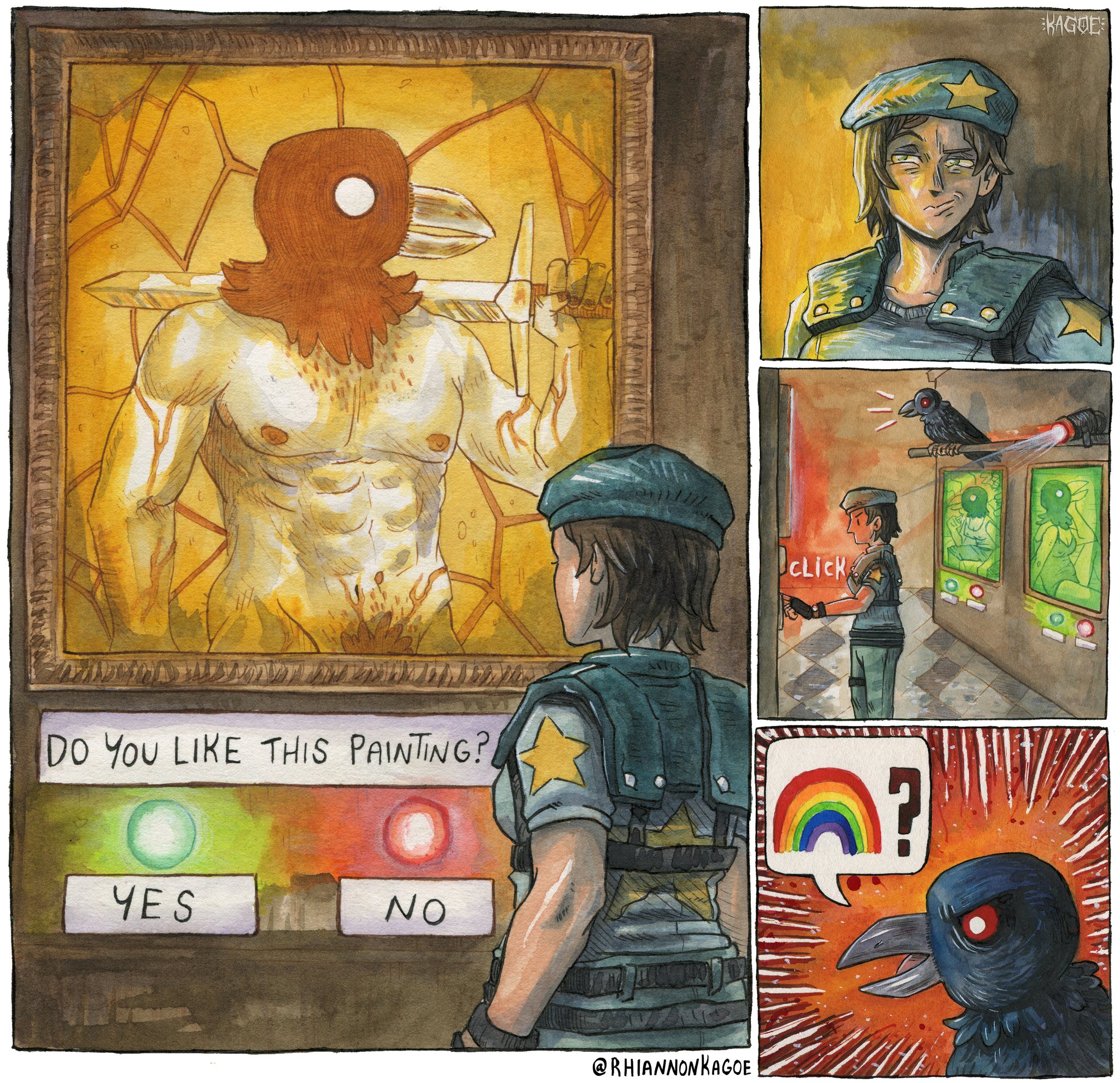 jill valentine, resident evil, resident evil 1, commentary, english commentary, highres, 1girl, beret, bird, blue hat, blue pants, blue shirt, crow, emphasis lines, hat, painting (object), pants, red eyes, rhiannon kagoe, shirt, shoulder pads, sword, weapon