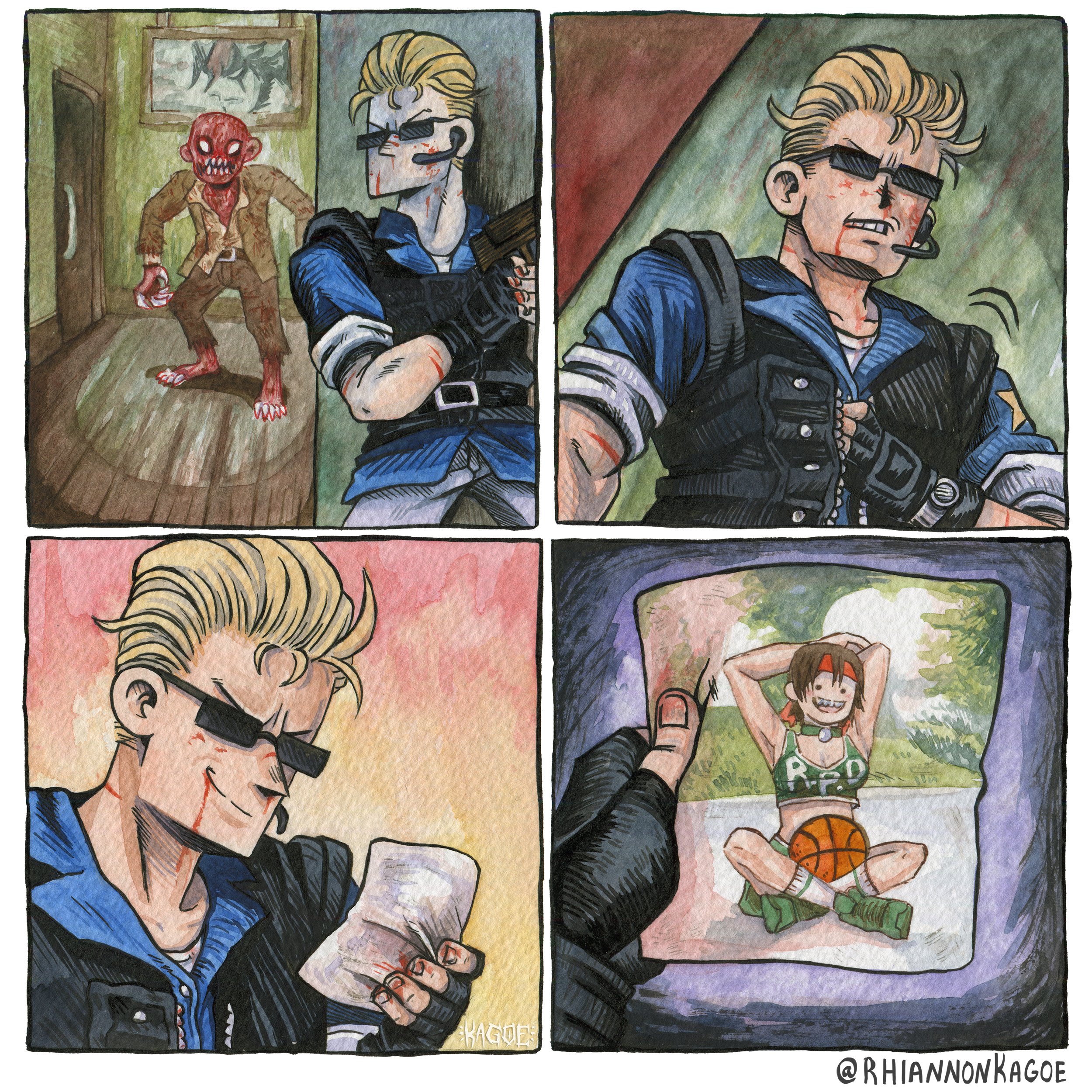 albert wesker, rebecca chambers, resident evil, resident evil 1, absurdres, commentary, english commentary, highres, artist name, basketball, basketball uniform, black gloves, blood, blood on face, claws, fingerless gloves, gloves, holding, holding photo, midriff, photo (object), rhiannon kagoe, sitting, smile, sportswear, sunglasses, zombie