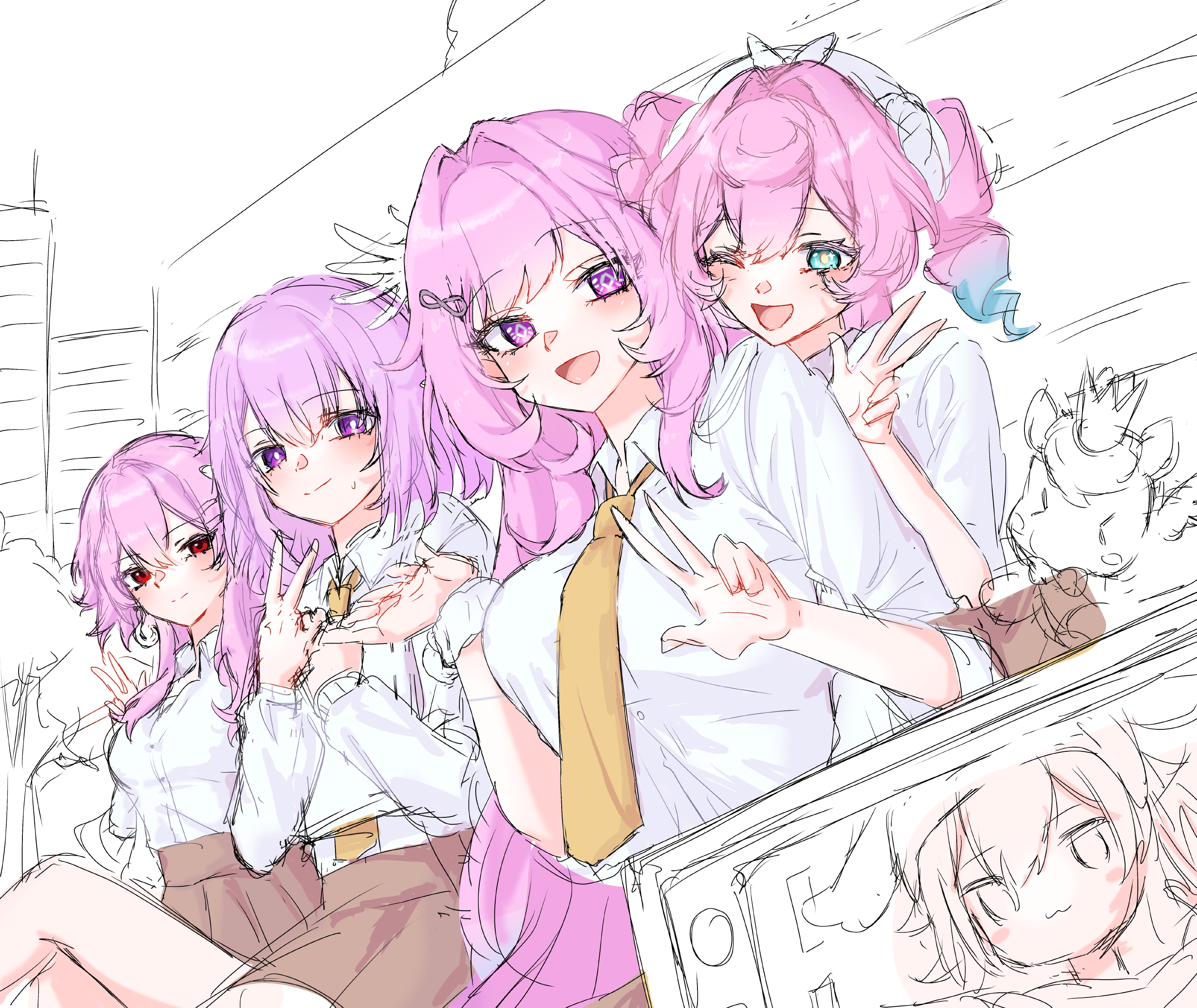 castorice (honkai: star rail), cyrene (honkai: star rail), evernight (honkai: star rail), hyacine (honkai: star rail), little ica (honkai: star rail), march 7th (honkai: star rail), honkai: star rail, honkai (series), commentary request, highres, korean commentary, 4girls, aqua eyes, aqua hair, breasts, brown skirt, cyrene (demiurge) (honkai: star rail), diamond-shaped pupils, diamond (shape), large breasts, long hair, looking at viewer, maengkkong-i, medium breasts, medium hair, multicolored hair, multiple girls, necktie, pink hair, purple eyes, purple hair, red eyes, school uniform, shirt, sitting, skirt, smile, symbol-shaped pupils, twintails, two-tone hair, very long hair, w, white shirt, yellow necktie