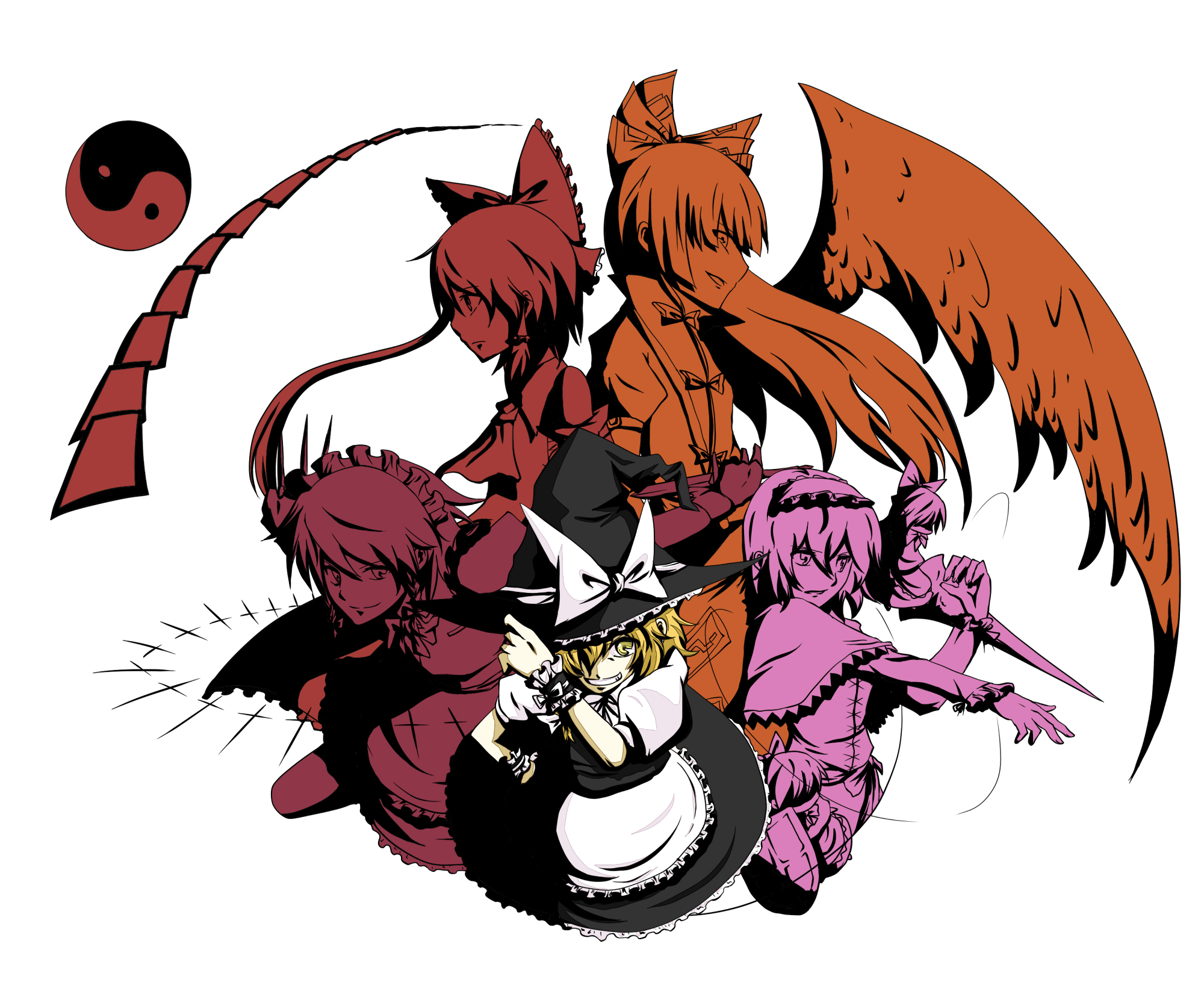 haruichi (sazanami complex), syunichi, alice margatroid, fujiwara no mokou, hakurei reimu, izayoi sakuya, kirisame marisa, touhou, highres, 5girls, blonde hair, bow, doll, female focus, hat, high contrast, maid, multiple girls, multiple monochrome, simple background, white background, wings, witch, witch hat, yellow eyes