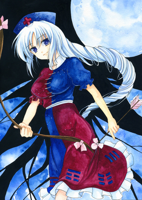 toronto (pixiv), yagokoro eirin, touhou, silver hair, bad id, bad pixiv id, 1girl, arrow (projectile), blue eyes, bow (weapon), braid, female focus, hat, long hair, moon, solo, trigram, weapon