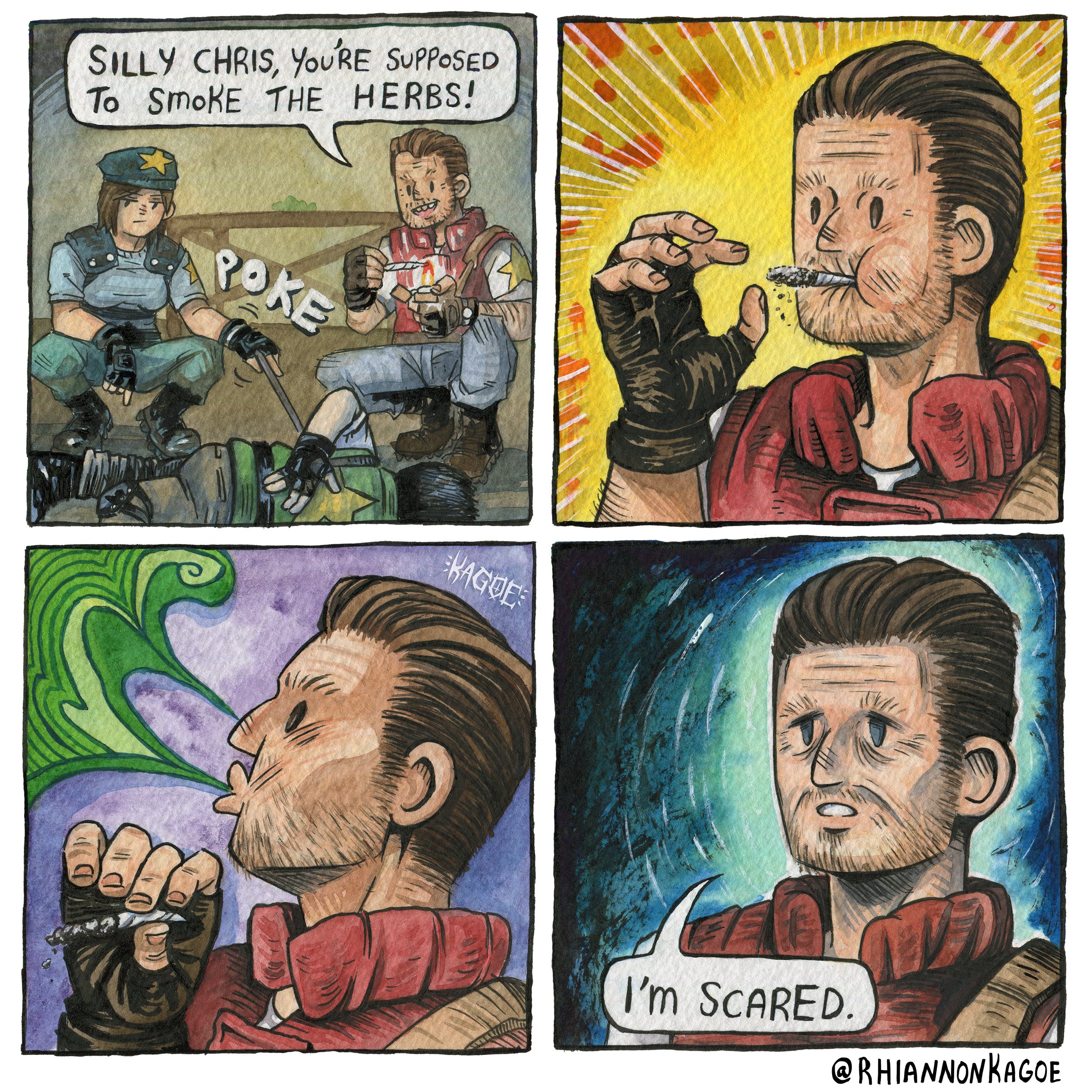 barry burton, chris redfield, jill valentine, resident evil, resident evil 1, absurdres, commentary, english commentary, highres, 1girl, 2boys, artist name, beard stubble, beret, black gloves, blue hat, blue shirt, brown hair, facial hair, family guy death pose (meme), fingerless gloves, gloves, hat, joint (drug), lighter, meme, multiple boys, rhiannon kagoe, shirt, smoking, speech bubble, squatting, stubble