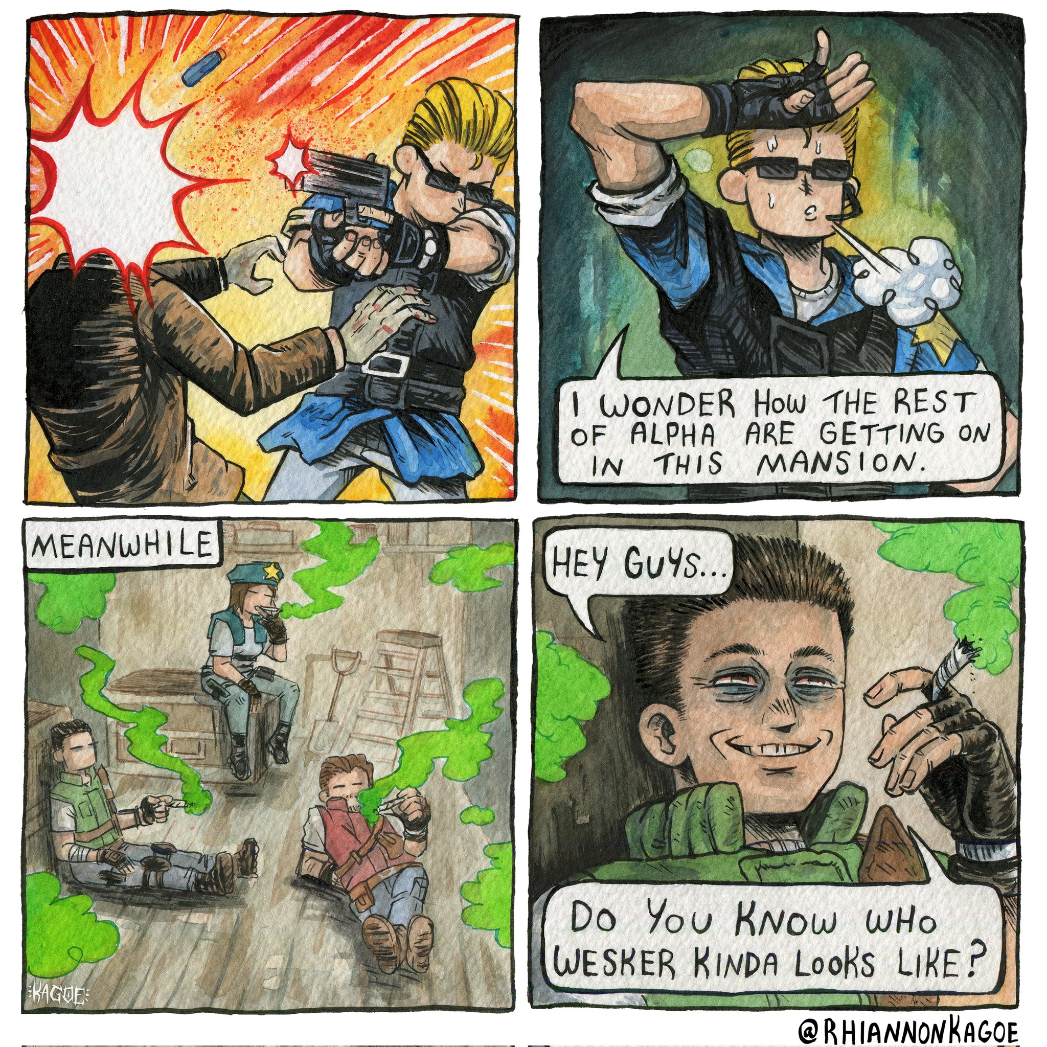 albert wesker, barry burton, chris redfield, jill valentine, resident evil, resident evil 1, commentary, english commentary, highres, 1girl, 3boys, beret, blonde hair, blue hat, firing, gun, handgun, hat, holding, holding gun, holding weapon, joint (drug), multiple boys, parted lips, rhiannon kagoe, sitting, smile, smoke, speech bubble, stoned, sunglasses, sweat, weapon, zombie