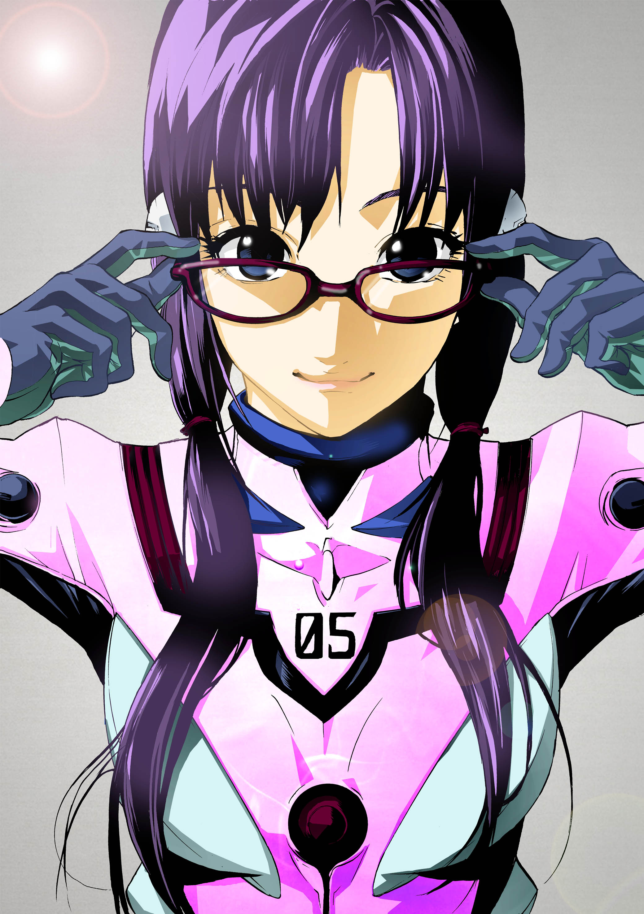 sagatsune, makinami mari illustrious, evangelion: 2.0 you can (not) advance, neon genesis evangelion, rebuild of evangelion, absurdres, highres, 00s, adjusting eyewear, blue eyes, glasses, lips, mecha pilot suit, plugsuit (evangelion), purple hair, twintails