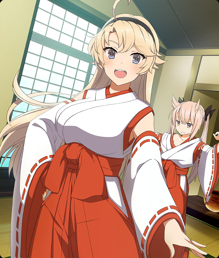 kohagura ellen, mashiko kaoru, toji no miko, toji no miko: kizamishi issen no tomoshibi, game cg, official art, third-party source, 2girls, :d, ahoge, black bow, black hairband, blonde hair, blue eyes, bow, breasts, brown eyes, clothing cutout, collarbone, detached sleeves, dot nose, double-parted bangs, dutch angle, hair bow, hair horns, hairband, hakama, hand on own hip, hip vent, indoors, japanese clothes, kosode, large breasts, long hair, long sleeves, looking at viewer, multiple girls, nontraditional miko, open mouth, outstretched arm, oversized clothes, pink hair, red hakama, single bare shoulder, single off shoulder, sleeveless, smile, tatami, teeth, twintails, upper teeth only, white sleeves, window