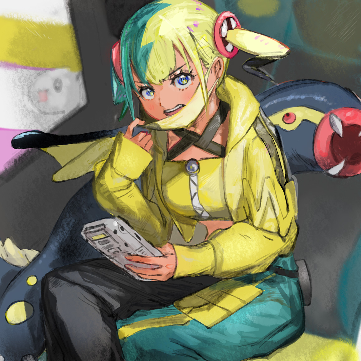 fumuna, canari (pokemon), eelektross, tynamo, nintendo, pokemon, pokemon legends: z-a, commentary request, 1girl, angry, blonde hair, blue eyes, eyelashes, game boy, gen 5 pokemon, handheld game console, jacket, long sleeves, looking at viewer, mask pull, midriff, pants, pokemon (creature), sitting, solo, twintails, yellow jacket