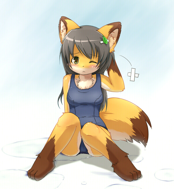 kagerofu, 1girl, animal ears, animal hands, barefoot, blush, female focus, fox, fox ears, fox tail, full body, furry, furry female, gradient background, grey hair, hair ornament, hairclip, leaf, long hair, one-piece swimsuit, one eye closed, pain, school swimsuit, sitting, solo, swimsuit, tail, tears, wet, wink, yellow eyes