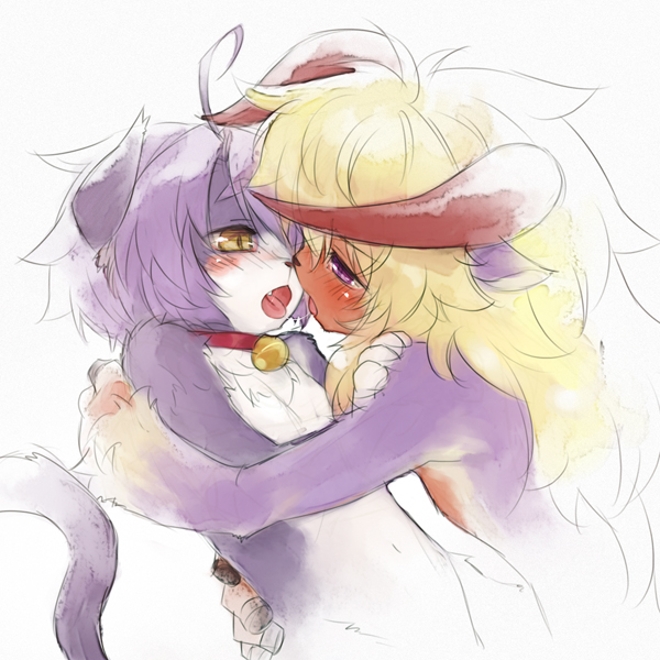 mizuki kotora, ahoge, animal ears, behemoth, bell, blonde hair, blush, collar, curly hair, eye contact, fang, furry, horns, hug, kiss, long hair, looking at another, neck bell, open mouth, purple eyes, purple hair, saliva, saliva trail, simple background, tail, tongue, yellow eyes