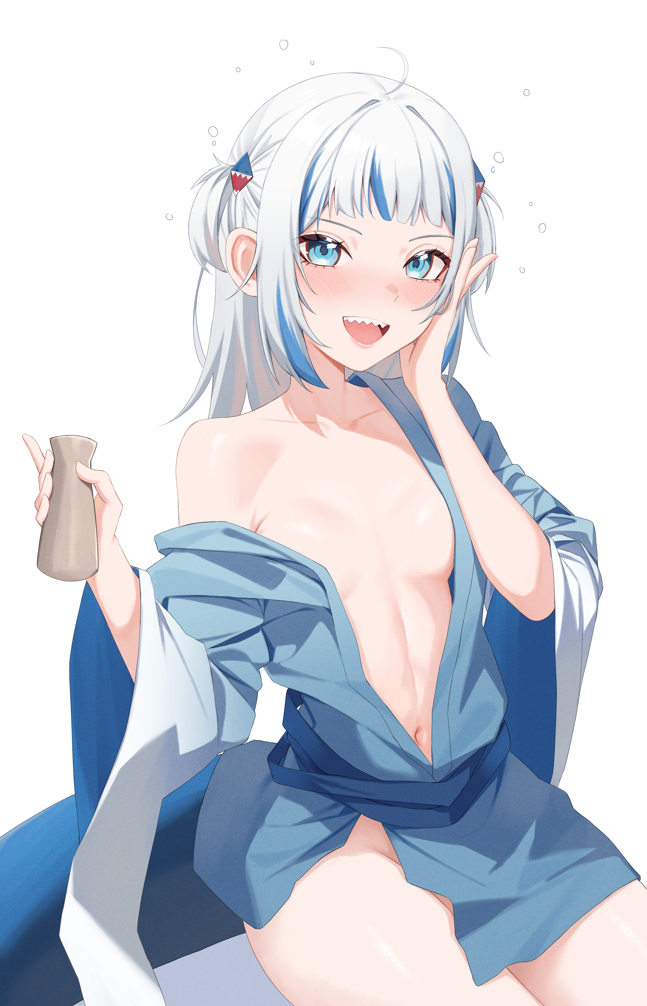 yubbiidraw, gawr gura, hololive, hololive english, absurdres, commentary, highres, 1girl, :d, blue eyes, blue hair, blue kimono, blue streaks, blunt bangs, blush, drunk, fins, fish tail, grey hair, hand on own cheek, hand on own face, holding, japanese clothes, kimono, long hair, looking at viewer, multicolored hair, naked kimono, navel, open clothes, open mouth, shark girl, shark tail, sharp teeth, simple background, smile, solo, streaked hair, tail, teeth, two side up, virtual youtuber, white background, yukata