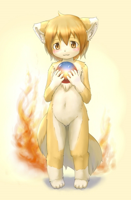 kagerofu, mozilla firefox, gender request, :3, androgynous, animal ears, animal hands, barefoot, blush, fire, fox ears, fox tail, furry, gradient background, holding, nude, orange eyes, orb, smile, solo, standing, tail
