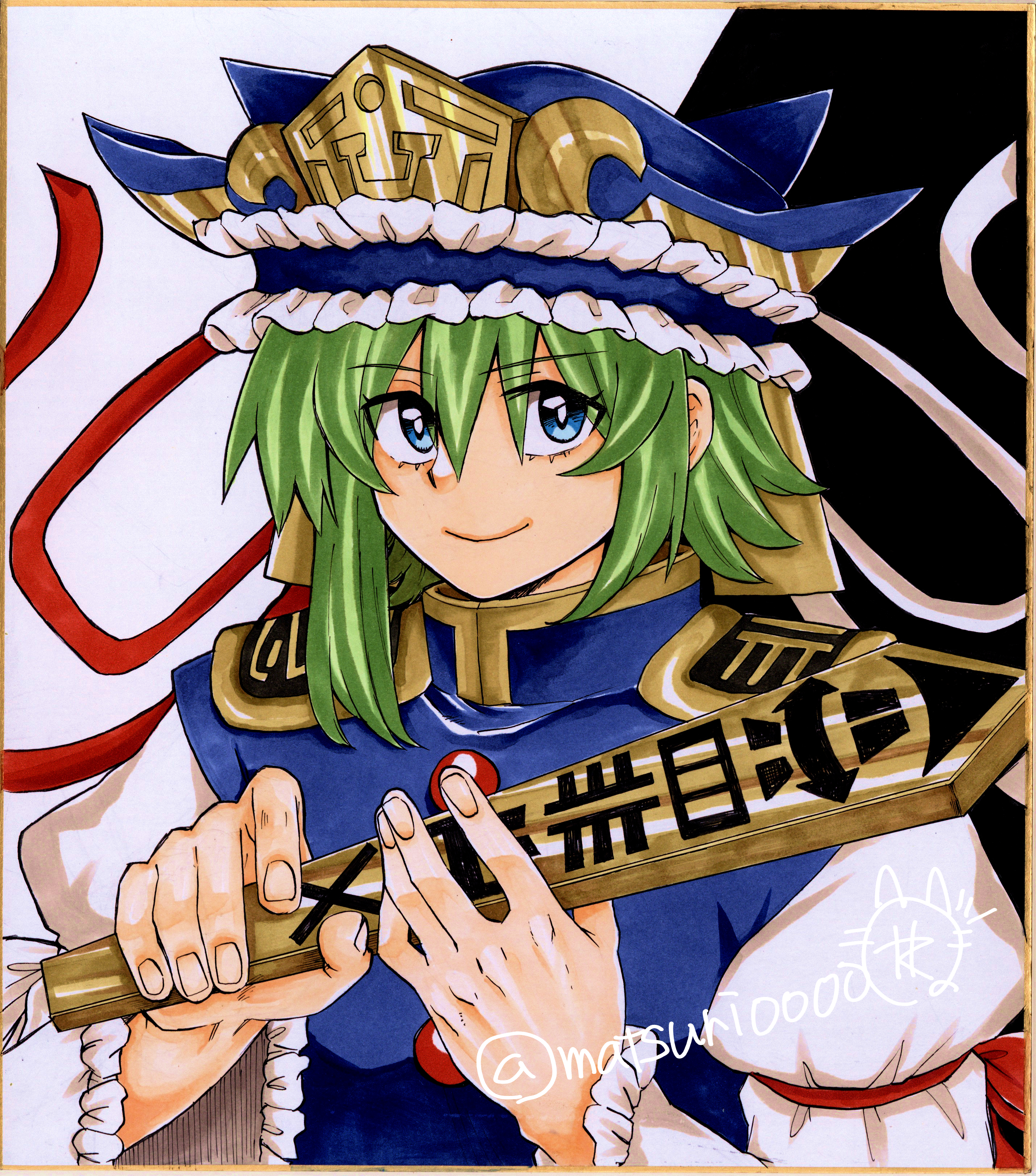 matsuri kyuuta, shiki eiki, touhou, absurdres, commentary request, highres, traditional media, 1girl, black background, blue eyes, blue hat, blue vest, bright pupils, buttons, closed mouth, epaulettes, fingernails, frilled hat, frills, green hair, hair between eyes, hat, holding, long sleeves, looking at viewer, rod of remorse, shikishi, shirt, short hair, smile, solo, two-tone background, upper body, vest, white background, white pupils, white shirt