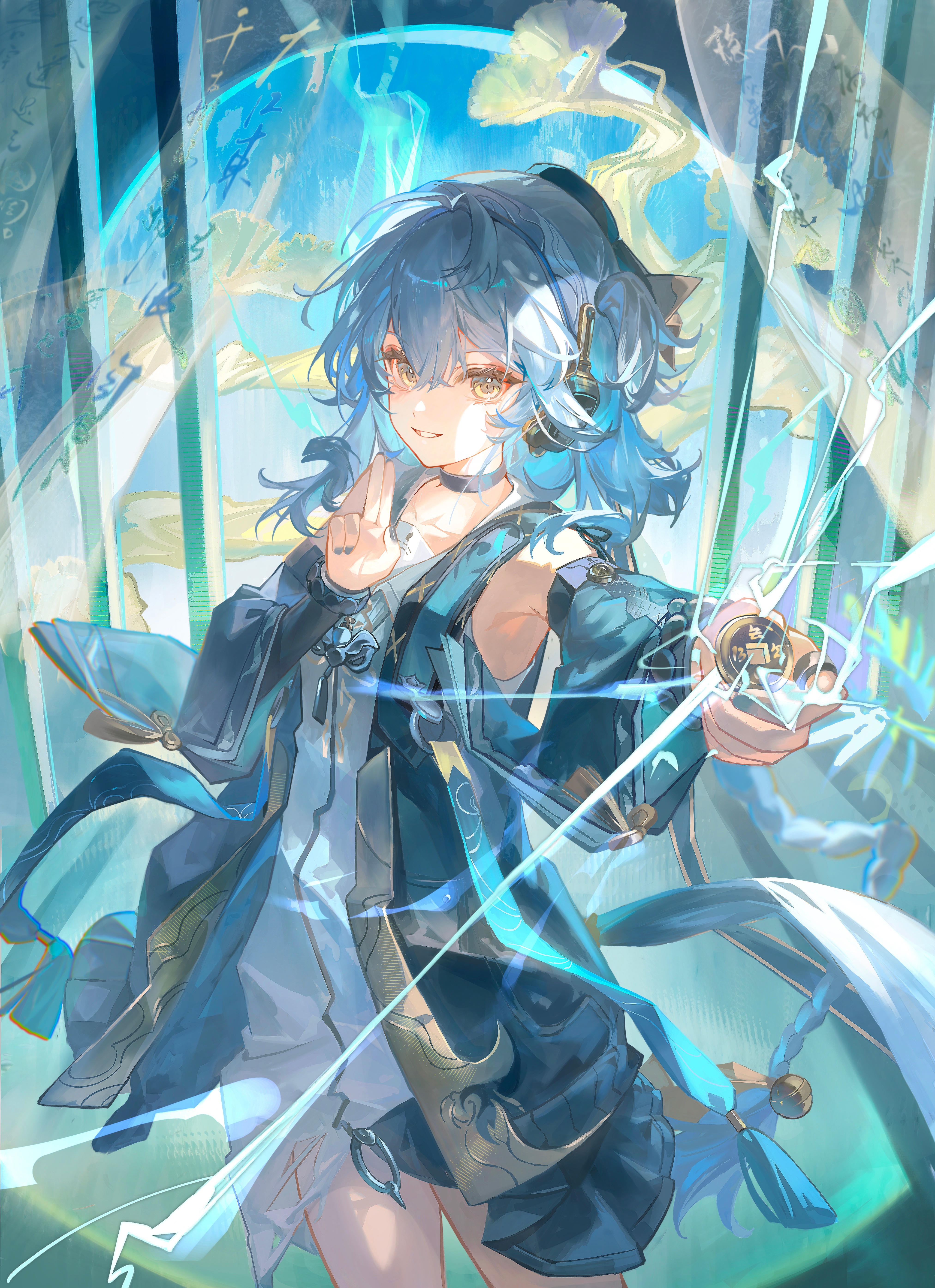blinklikeer, buling (wuthering waves), wuthering waves, absurdres, chinese commentary, commentary request, highres, 1girl, black choker, black jacket, blue hair, choker, coin, detached sleeves, dress, electricity, hair between eyes, hand up, headphones, holding, holding coin, holed coin, jacket, kuji-in, long hair, looking at viewer, parted lips, smile, solo, white dress, yellow eyes
