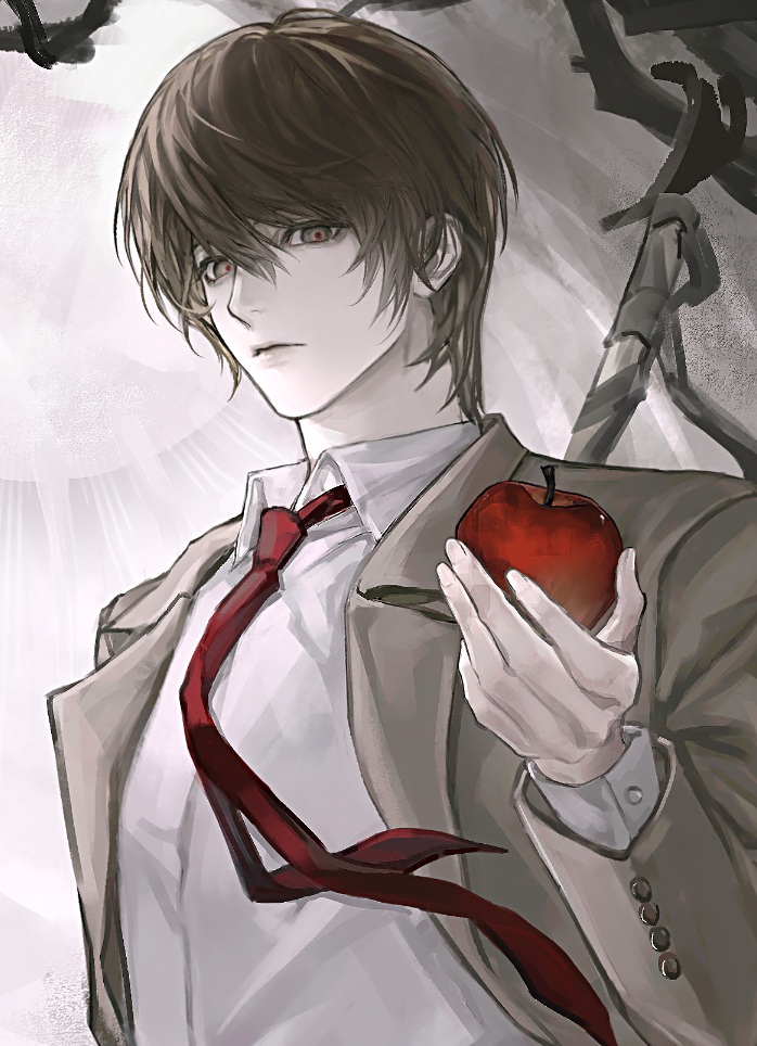 8knff, yagami light, death note, 1boy, apple, brown eyes, brown hair, brown jacket, buttons, closed mouth, collared shirt, food, fruit, holding, holding food, holding fruit, jacket, long sleeves, looking at viewer, male focus, necktie, open clothes, open jacket, red necktie, shirt, solo, suit jacket, upper body, white shirt