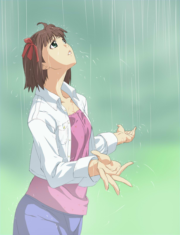 thesale, amami haruka, idolmaster, idolmaster (classic), bad id, bad pixiv id, 00s, 1girl, brown hair, casual, female focus, green eyes, hair ribbon, looking up, nature, outdoors, rain, ribbon, solo, wet