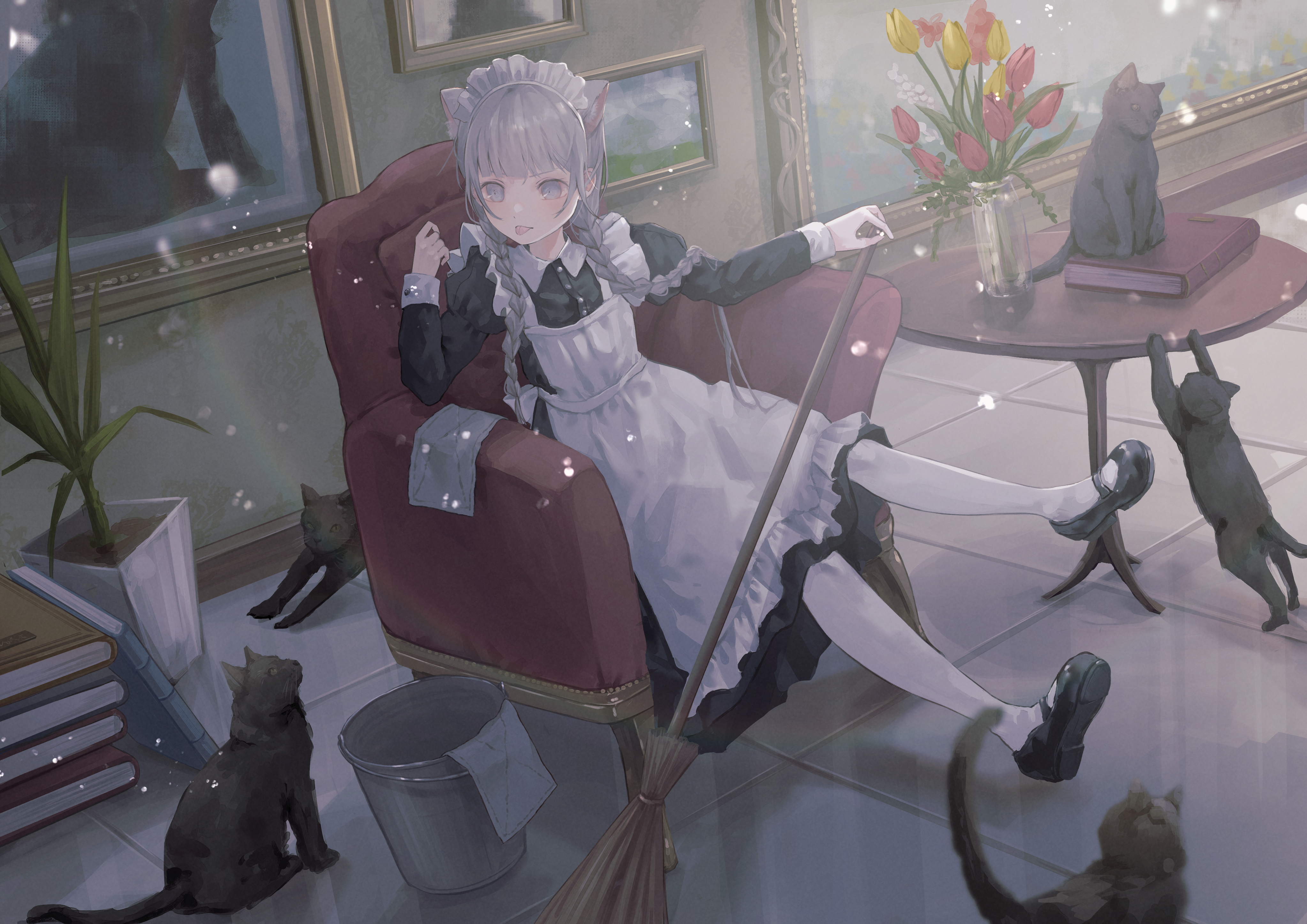 sanou, original, absurdres, commentary request, highres, 1girl, :p, animal ears, apron, armchair, black cat, black dress, blunt bangs, book, book stack, braid, braided twintails, broom, bucket, cat, cat ears, cat girl, chair, closed mouth, collared dress, contrast collar, dress, flower, frilled apron, frills, full body, grey eyes, grey hair, hand up, holding, holding broom, juliet sleeves, legs up, long hair, long sleeves, looking at animal, low twintails, maid, maid apron, maid headdress, multiple cats, on chair, pantyhose, picture frame, plant, potted plant, puffy sleeves, red flower, red tulip, sitting, tongue, tongue out, tulip, twin braids, twintails, vase, white apron, white headdress, white pantyhose, wrist cuffs, yellow flower, yellow tulip