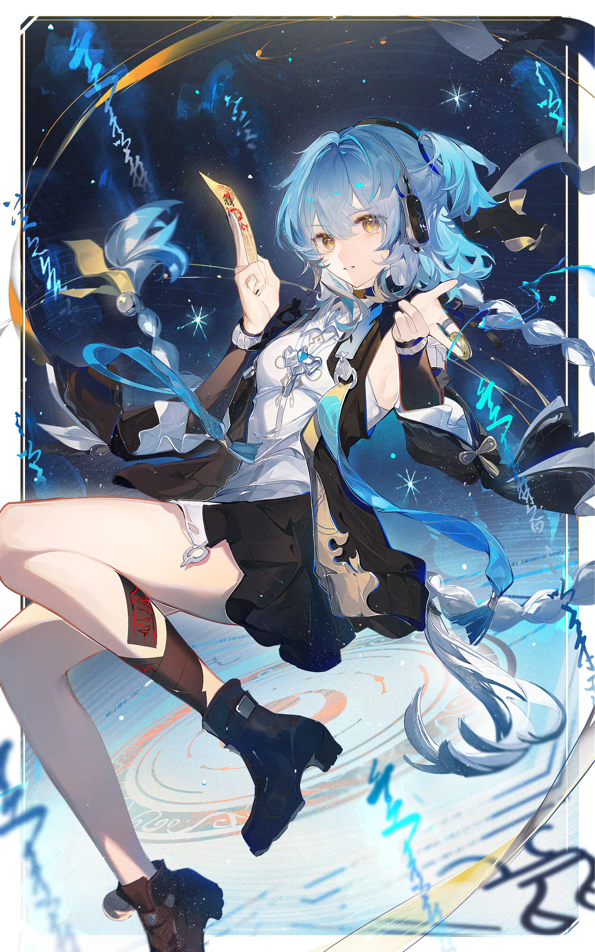 qianqianjie, buling (wuthering waves), wuthering waves, absurdres, chinese commentary, commentary request, highres, 1girl, black boots, black jacket, blue hair, boots, braid, breasts, coin, dress, hair between eyes, headphones, holding, holding coin, holding ofuda, jacket, long hair, looking at viewer, medium breasts, ofuda, parted lips, side ponytail, solo, very long hair, white dress, yellow eyes