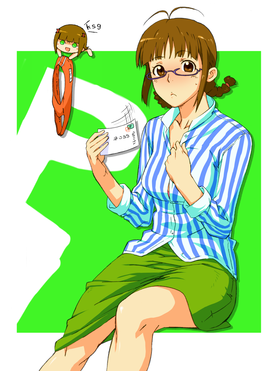 thesale, akizuki ritsuko, nonowa, idolmaster, idolmaster (classic), bad id, bad pixiv id, highres, 00s, 2girls, antenna hair, blush, bra, braid, brown eyes, brown hair, buruma, collarbone, curvy, fanning self, frown, glasses, hand fan, hot, lingerie, multiple girls, nose blush, open clothes, open collar, open shirt, shirt, sidelocks, sitting, skirt, striped clothes, striped shirt, sweatdrop, twin braids, underwear, untucked, vertical-striped clothes, vertical-striped shirt