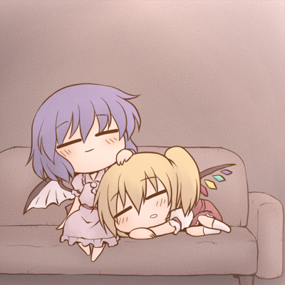 nekoguruma, flandre scarlet, remilia scarlet, touhou, lowres, 2girls, = =, bat wings, blonde hair, blue hair, blush, chibi, couch, family bonding, female focus, multiple girls, ponytail, short hair, siblings, sisters, sleeping, vampire, wings