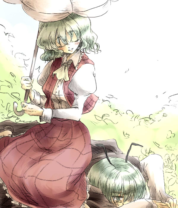 monokuro mo, kazami yuuka, wriggle nightbug, touhou, 2girls, antennae, ascot, cape, closed eyes, female focus, green eyes, green hair, lying, multiple girls, on stomach, plaid clothes, plaid skirt, plaid vest, short hair, sitting, sitting on person, skirt, skirt set, smile, umbrella, vest