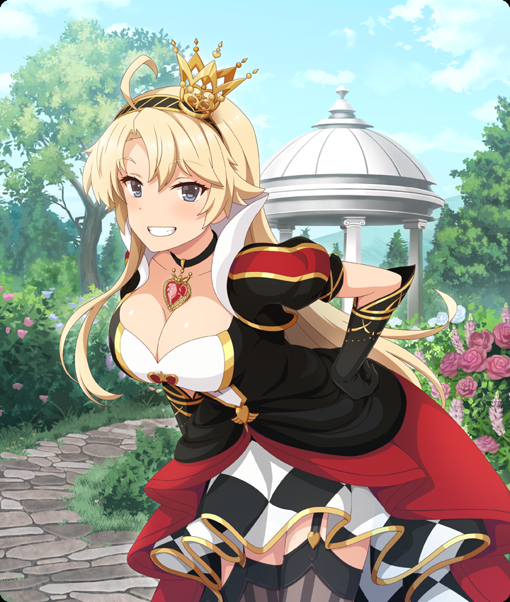 kohagura ellen, queen of hearts (alice in wonderland), alice's adventures in wonderland, toji no miko, toji no miko: kizamishi issen no tomoshibi, game cg, official art, third-party source, 1girl, ahoge, black choker, black dress, black garter straps, black gloves, black hairband, black thighhighs, blonde hair, blue eyes, blue flower, blue rose, blue sky, breasts, bush, checkered clothes, checkered skirt, choker, cleavage, cloud, collarbone, cosplay, cowboy shot, crown, day, dot nose, dress, elbow gloves, flower, garter straps, gazebo, gem, gloves, gold crown, grin, hairband, hand on own hip, heart, heart pendant, large breasts, layered skirt, leaning forward, long hair, looking at viewer, mini crown, multicolored dress, outdoors, path, pendant choker, purple flower, purple rose, queen of hearts (alice in wonderland) (cosplay), red dress, red gemstone, red skirt, road, rose, short sleeves, skirt, sky, smile, solo, stone walkway, striped clothes, striped hairband, thighhighs, tilted headwear, tree, white dress, zettai ryouiki