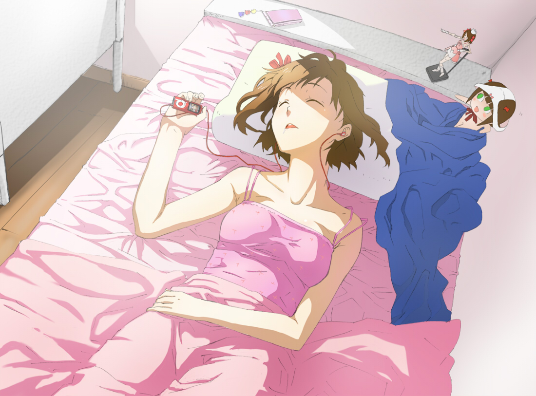 thesale, amami haruka, nonowa, idolmaster, idolmaster (classic), bad id, bad pixiv id, 00s, 1girl, bed, bedroom, brown hair, camisole, closed eyes, earphones, female focus, handheld game console, headphones, indoors, ipod, ipod nano, ipod nano 4g, mp3 player, nintendo ds, object on head, panties, panties on head, pillow, product placement, sleeping, solo, underwear
