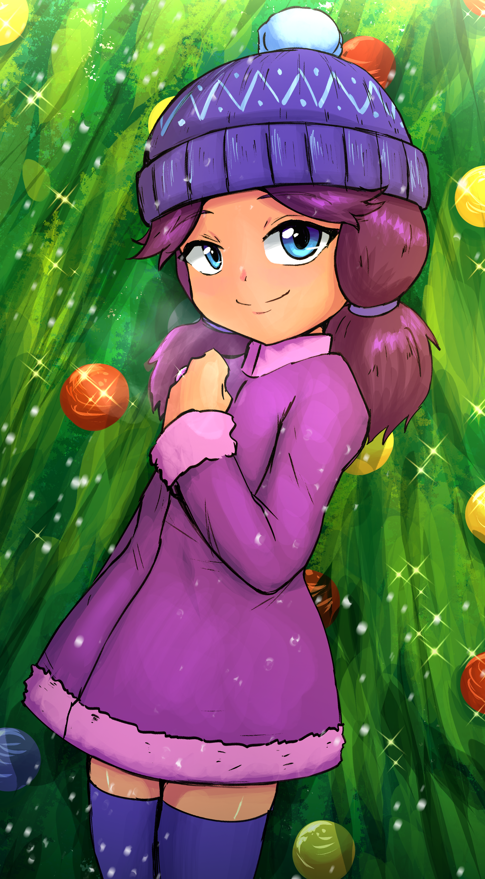 skarlet jewel, jas (stardew valley), stardew valley, absurdres, commentary, english commentary, highres, 1girl, beanie, blue eyes, christmas, christmas tree, closed mouth, coat, hat, looking at viewer, pom pom (clothes), purple coat, purple hat, purple thighhighs, smile, solo, thighhighs, twintails, winter clothes, zettai ryouiki