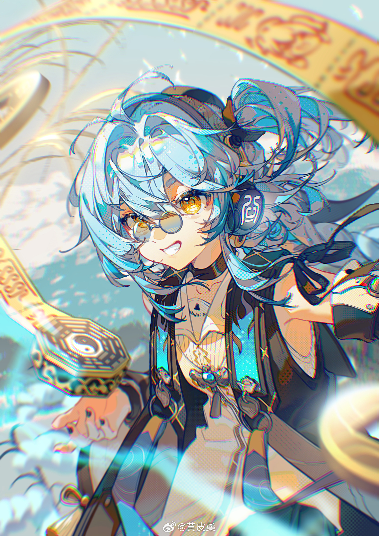 huangpi sang, buling (wuthering waves), wuthering waves, chinese commentary, commentary request, highres, 1girl, black choker, black jacket, black nails, blue hair, choker, chromatic aberration, detached sleeves, dress, glasses, grin, headphones, jacket, long hair, looking at viewer, nail polish, ofuda, pince-nez, round eyewear, side ponytail, smile, solo, sunglasses, upper body, white dress, yellow eyes, yin yang