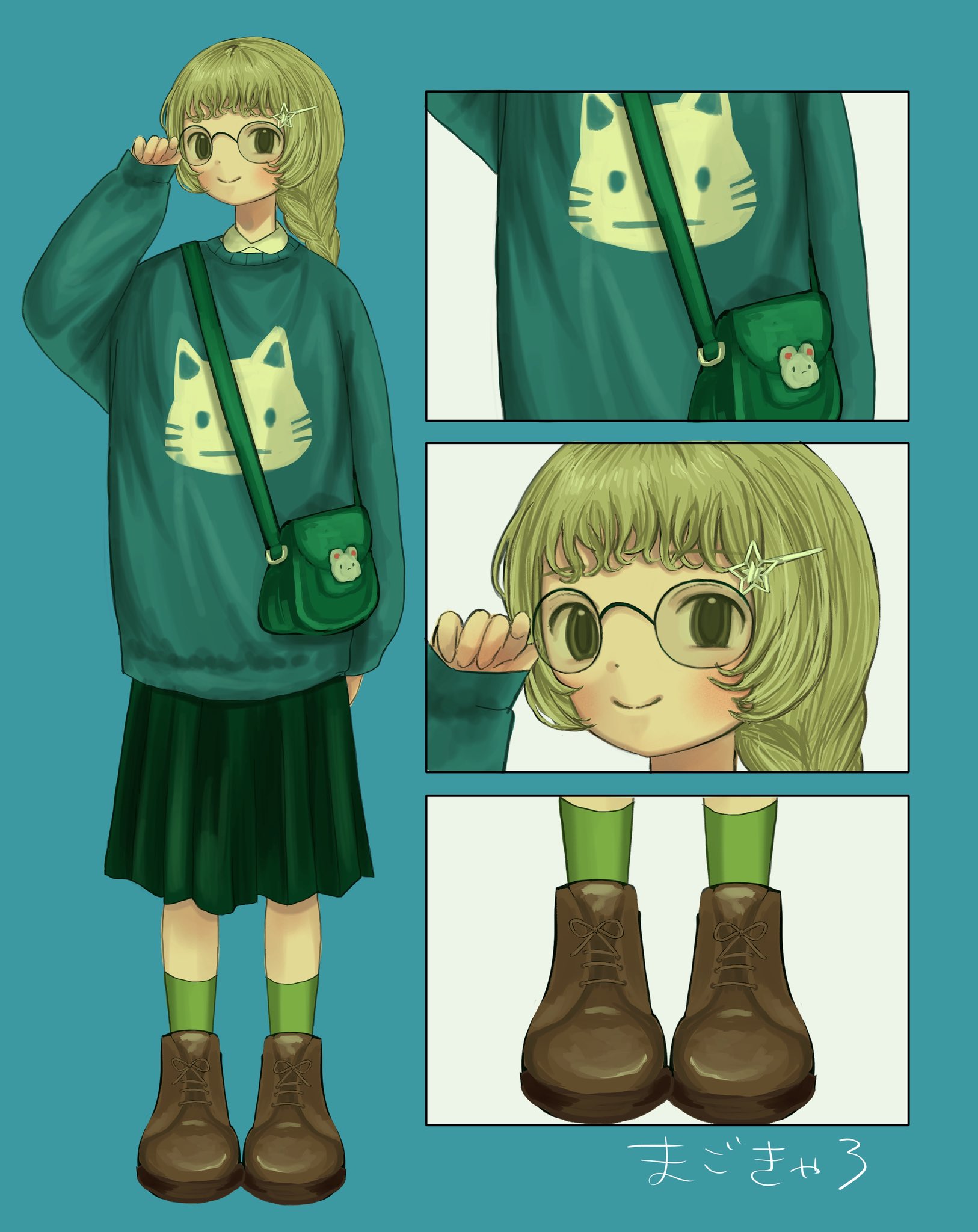 magochamu, original, highres, 1girl, blue sweater, brown eyes, brown shoes, glasses, green socks, shoes, smile, socks, sweater
