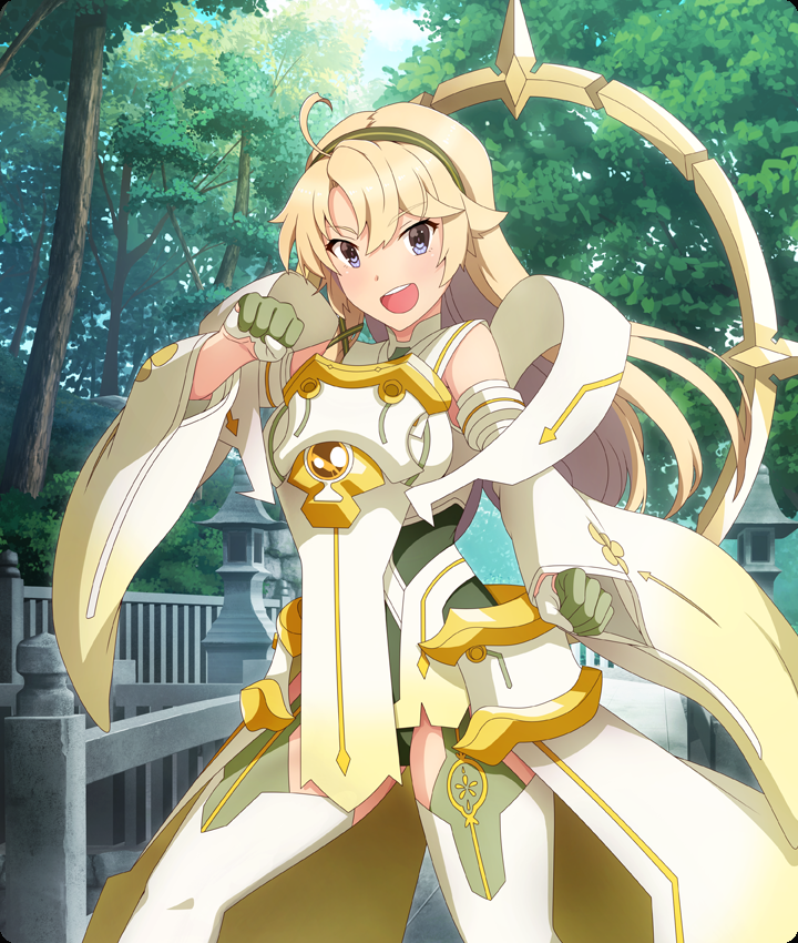 inubouzaki fuu, kohagura ellen, toji no miko, toji no miko: kizamishi issen no tomoshibi, yuuki yuuna wa yuusha de aru, yuusha de aru, game cg, official art, third-party source, 1girl, :d, ahoge, architecture, blonde hair, blue eyes, brown hairband, clenched hands, cosplay, cowboy shot, detached sleeves, dot nose, east asian architecture, fighting stance, gloves, green gloves, hairband, hand up, inubouzaki fuu (cosplay), legs apart, long hair, looking at viewer, magical girl, multicolored gloves, open mouth, railing, smile, solo, stone lantern, striped clothes, striped hairband, teeth, thighhighs, tree, two-tone gloves, upper teeth only, white gloves, white sleeves, white thighhighs