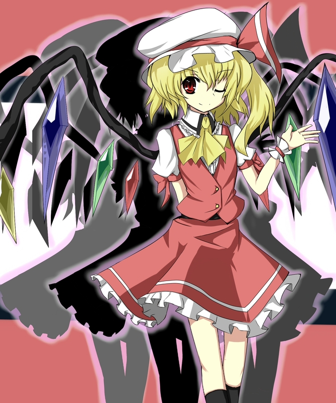 urimono, flandre scarlet, embodiment of scarlet devil, touhou, bad id, bad pixiv id, 1girl, black socks, blonde hair, crystal, dress, female focus, hat, kneehighs, long hair, one eye closed, one side up, red eyes, shadow, side ponytail, smile, socks, solo, wings, wink