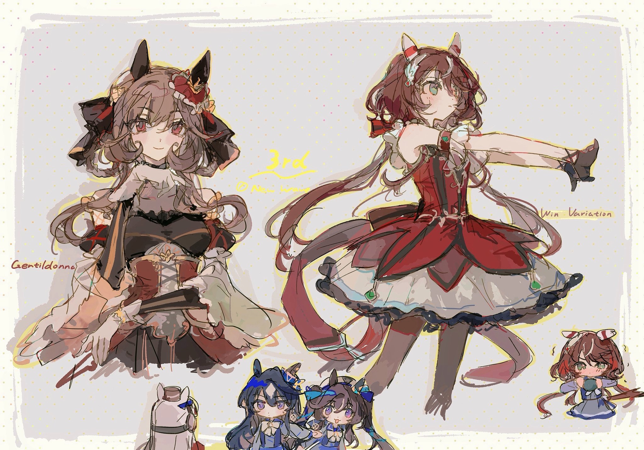 apple da-ze, gentildonna (regina dei fiori) (umamusume), gentildonna (umamusume), gold ship (umamusume), verxina (umamusume), vivlos (umamusume), win variation (dramatic tutu) (umamusume), win variation (umamusume), umamusume, highres, 5girls, :d, animal ears, aqua ribbon, bare shoulders, black dress, black gloves, blue hair, blue ribbon, bow, bowtie, brown hair, character name, closed mouth, detached sleeves, diamond (shape), dress, ear bow, ear covers, ear ornament, gloves, green eyes, grey background, grey hair, hair ribbon, hair rings, hat, head tilt, horse ears, horse girl, long hair, long sleeves, looking ahead, looking at viewer, multicolored hair, multiple girls, open mouth, outstretched arms, pillbox hat, purple bow, purple shirt, purple skirt, red dress, red eyes, red hair, ribbon, shirt, skirt, sleeveless, sleeveless dress, smile, streaked hair, stretching, twintails, two-tone dress, two side up, very long hair, white bow, white bowtie, white gloves, white hair, white hat, winter uniform