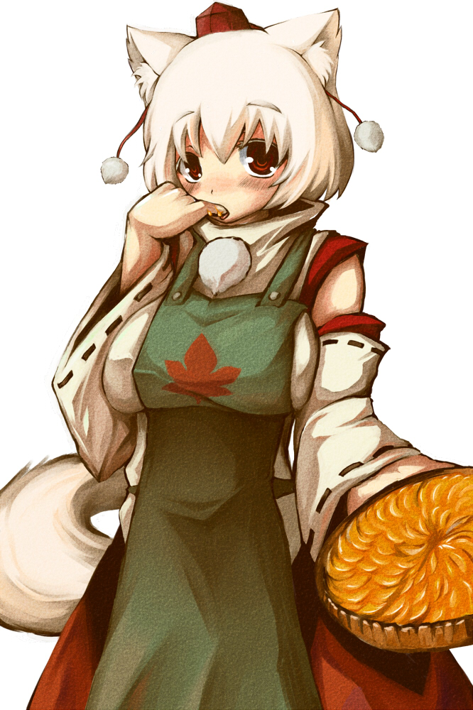 shinobe, inubashiri momiji, touhou, bad id, bad pixiv id, 1girl, animal ears, apron, breasts, detached sleeves, female focus, food, hat, pie, red eyes, short hair, simple background, solo, standing, tail, tokin hat, white background, white hair, wolf ears, wolf tail