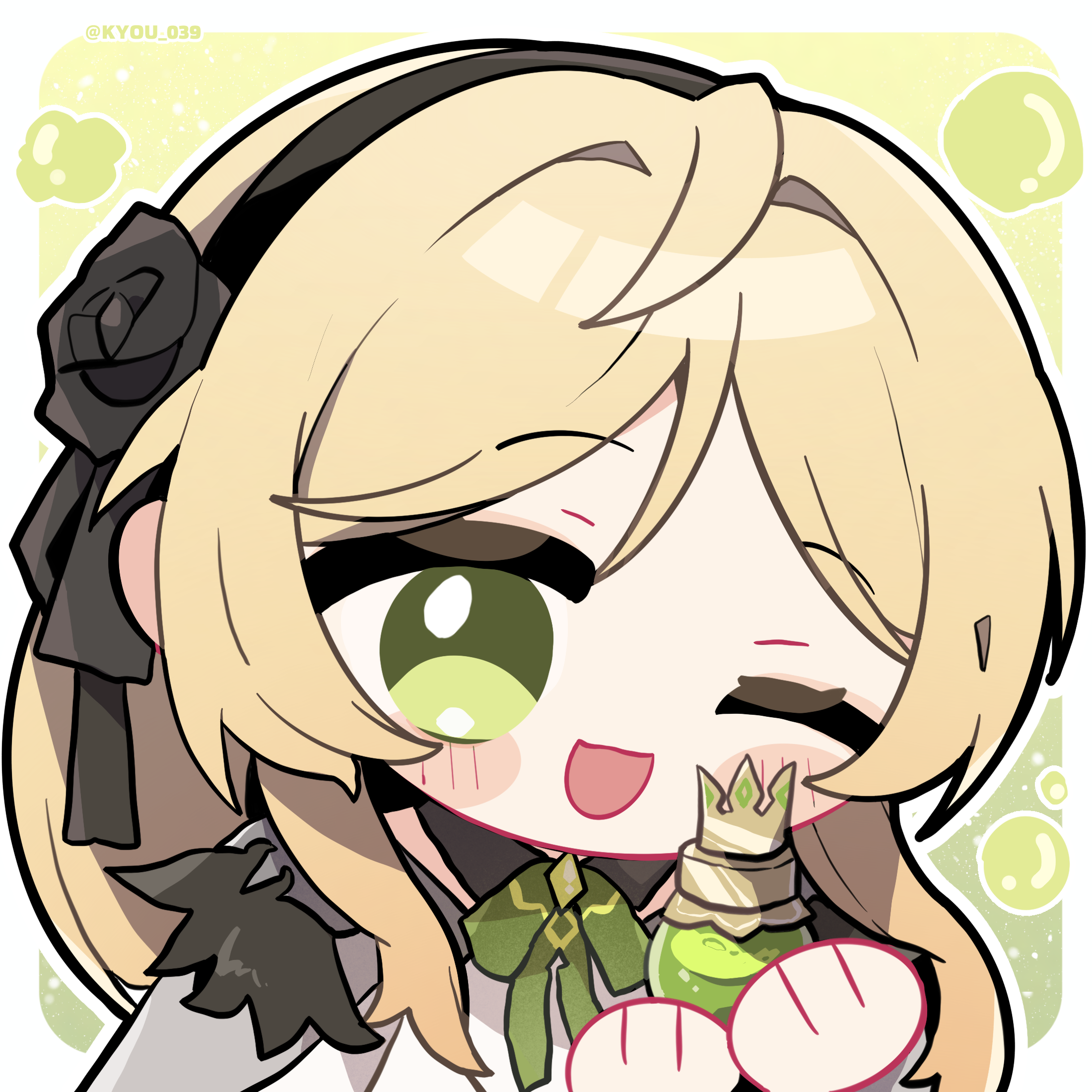 kyou 039, duet night abyss, chinese commentary, commentary request, highres, 1girl, black flower, black hairband, black rose, blonde hair, chibi, chibi only, daphne (duet night abyss), flower, green eyes, hair flower, hair ornament, hairband, holding, long hair, looking at viewer, one eye closed, open mouth, rose, smile, solo, twitter username, upper body