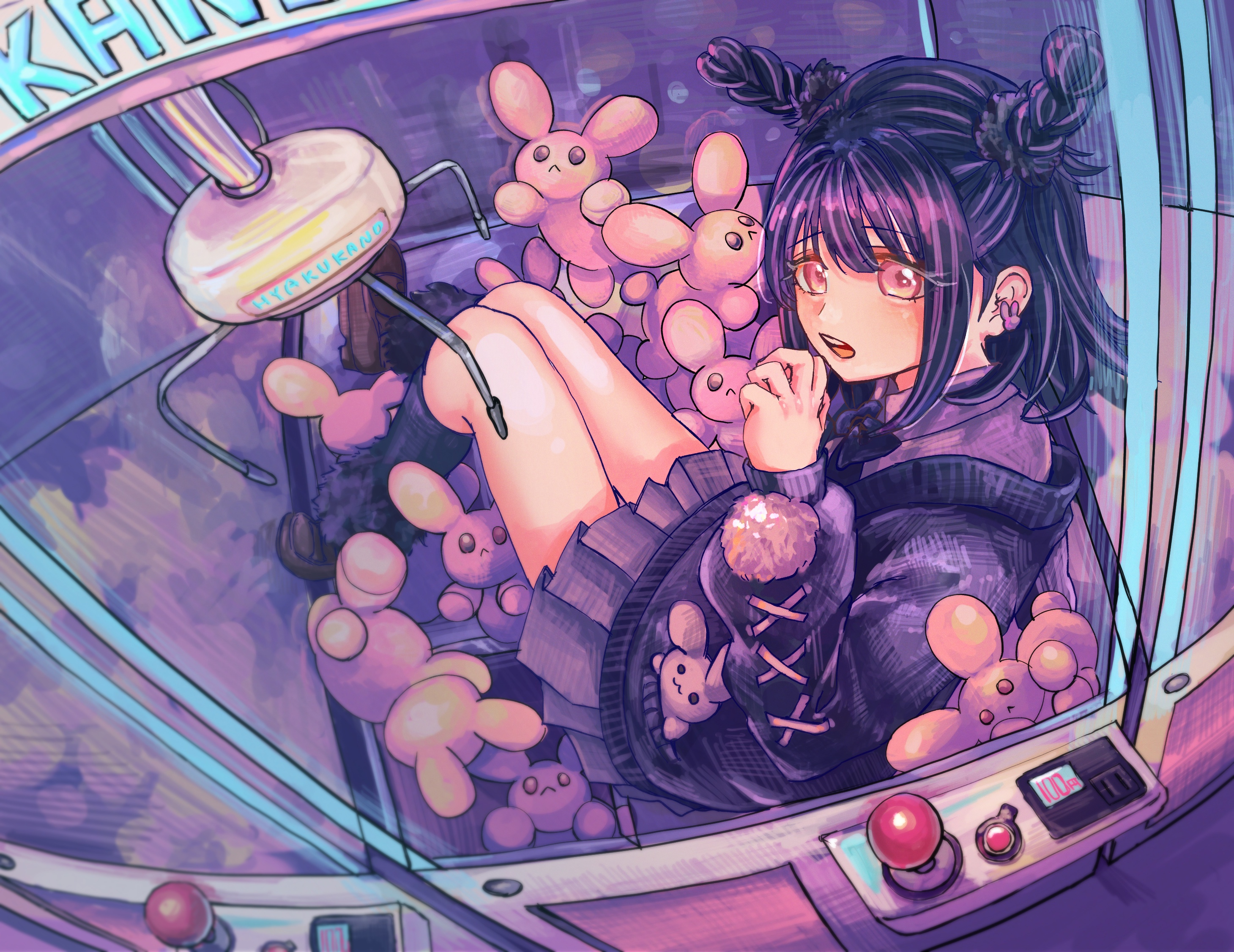 oku (pixiv 69278954), usami shiina, kimi no koto ga dai dai dai dai daisuki na 100-nin no kanojo, commentary request, highres, :3, black bow, black hair, bow, braid, collared shirt, controller, copyright name, crane game, eyelashes, jirai kei, joystick, loafers, long hair, open mouth, pleated skirt, red eyes, shirt, shoes, skirt, stuck, stuffed animal, stuffed rabbit, stuffed toy, twin braids, two side up