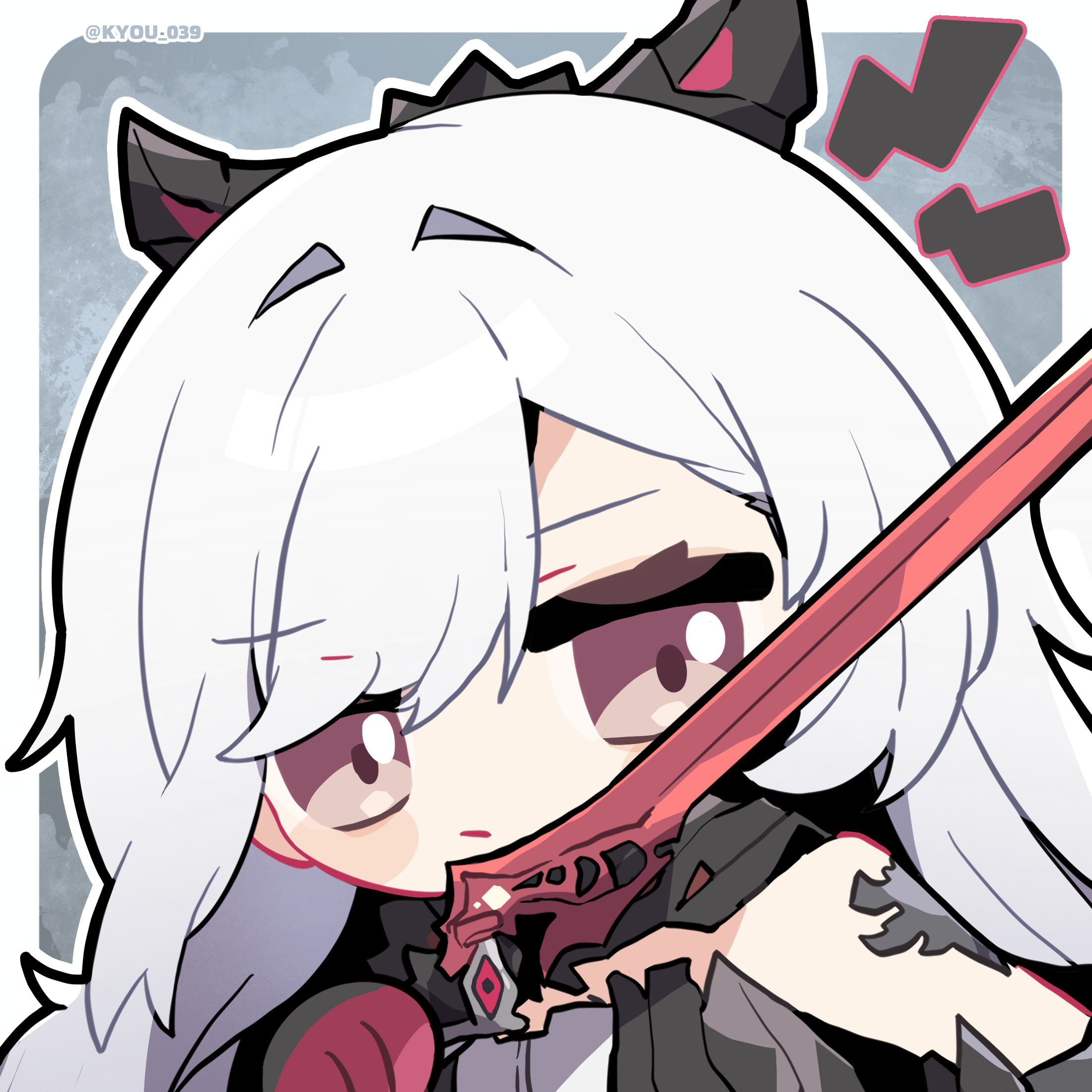 kyou 039, berenica (duet night abyss), duet night abyss, chinese commentary, commentary request, highres, 1girl, bare shoulders, black gloves, chibi, chibi only, closed mouth, gloves, grey hair, hair intakes, holding, holding sword, holding weapon, long hair, looking at viewer, multicolored gloves, notice lines, red eyes, red gloves, solo, sword, twitter username, two-tone gloves, upper body, weapon