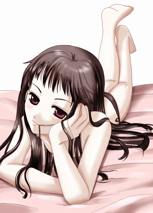 inumori sayaka, jakuri (ar tonelico), ar tonelico, ar tonelico ii, gust, 00s, 1girl, barefoot, bed sheet, black hair, feet, female focus, hair in own mouth, head rest, leg lift, long legs, lying, on stomach, panties, purple eyes, side-tie panties, smile, solo, topless female, underwear