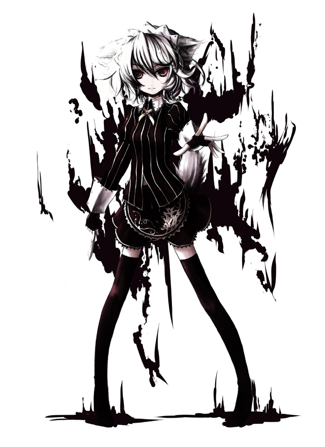 kurona, inu sakuya (nejikirio), izayoi sakuya, castlevania (series), koumajou densetsu, koumajou densetsu 1, touhou, silver hair, 1girl, alternate costume, animal ears, dog ears, dog tail, female focus, kemonomimi mode, maid, red eyes, short hair, solo, tail, thighhighs