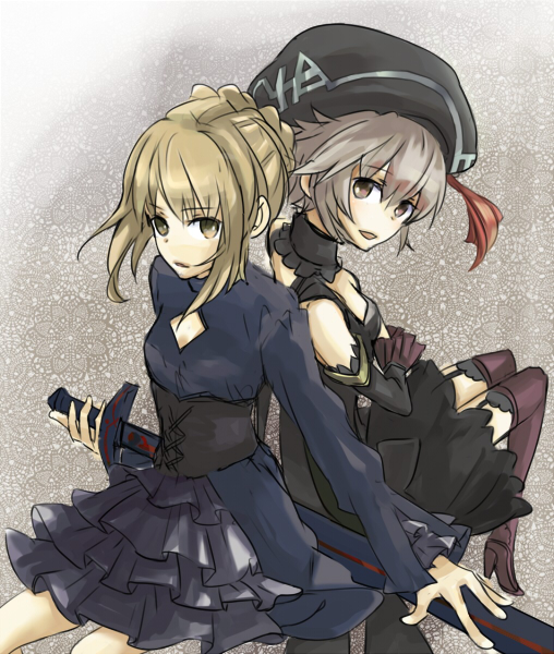 erino, artoria pendragon (fate), saber (fate), saber alter, saber alter (gothic lolita), shino (.hack//), shino (.hack//g.u.), .hack//, .hack//g.u., bandai, cyber connect 2, fate/stay night, fate (series), 00s, 2girls, back-to-back, bare shoulders, blonde hair, choker, corset, crossover, detached sleeves, dress, excalibur morgan (fate), frills, gathers, gothic lolita, grey hair, high heels, lolita fashion, multiple girls, official alternate costume, open mouth, purple eyes, shoes, short hair, sitting, skirt, smile, sword, thighhighs, tongue, weapon, yellow eyes